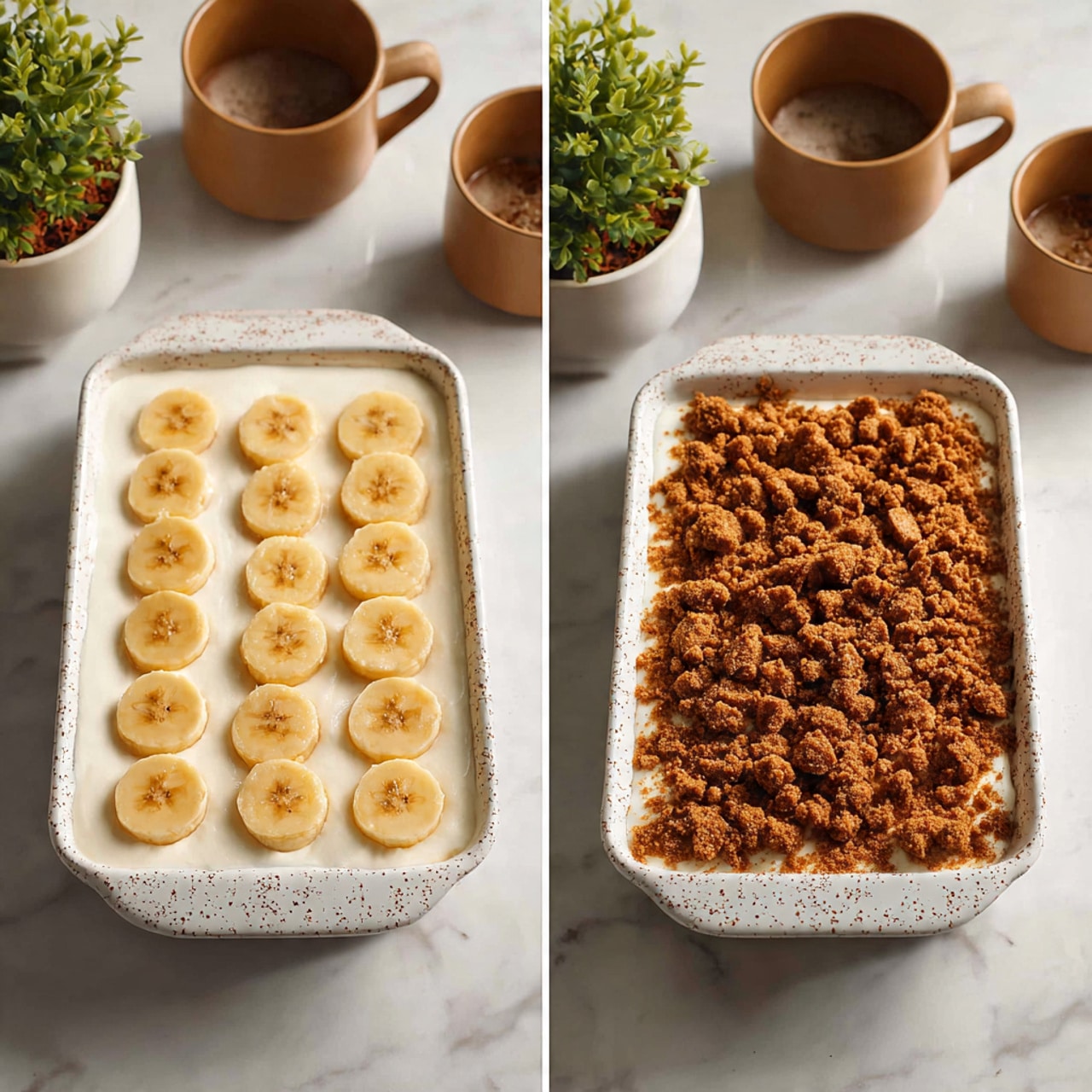 The image shows two stages of a dessert in a white speckled rectangular dish placed on a white marbled surface. On the left, the dish is filled with a smooth white creamy layer topped with evenly spread light yellow banana slices, arranged in neat rows covering the surface. On the right, the same dish has a top layer of crumbled brown cookies, unevenly scattered over the banana slices underneath, creating a rough textured layer with various sizes of cookie pieces. The background includes two brown and beige mugs and small potted plants in white pots. Photo taken with an iphone --ar 4:5 --v 7