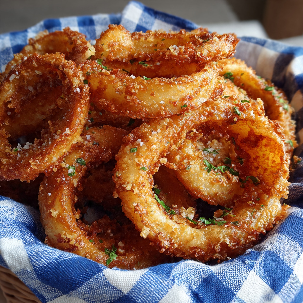 A white bowl lined with a blue and white checkered cloth is filled with many golden brown fried onion rings. The rings are thick and crispy, sprinkled lightly with small green herbs and coarse salt. The bowl sits on a wooden surface with blurred orange elements in the background. The overall look is warm and inviting, with the rings stacked unevenly in the bowl. photo taken with an iphone --ar 4:5 --v 7