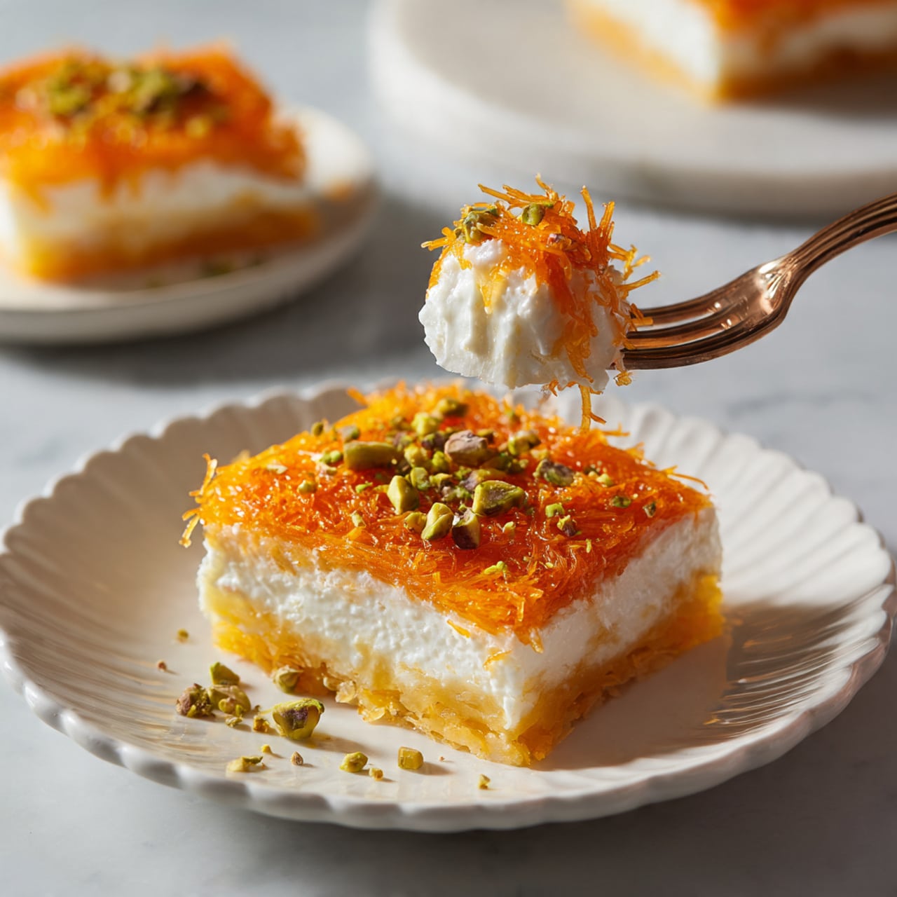A round dessert made with deep orange-brown crispy strands covers the entire surface of a white plate. The dessert is divided into six slices, marked clearly by slight gaps. On top of each slice, there is a thick line of chopped green pistachios that creates a rough, textured decoration. The outer edge of the dessert looks crisp and slightly browned, while some syrup can be seen pooling at the base, soaking into the bottom layer. The plate rests on a white marbled surface with a soft white cloth draped around it. photo taken with an iphone --ar 4:5 --v 7
