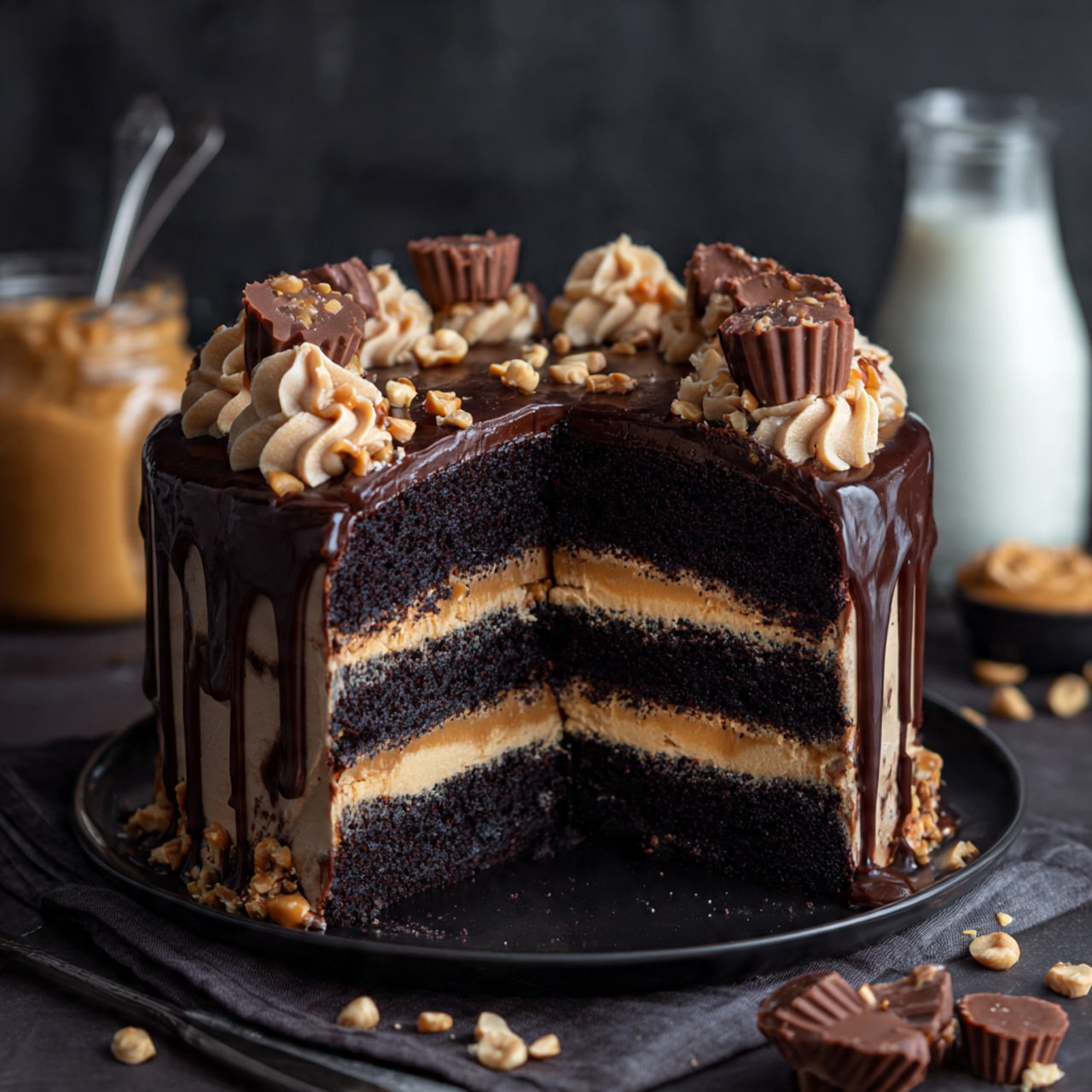 A dark chocolate layer cake with three thick, moist black chocolate layers separated by two smooth, light brown creamy peanut butter fillings, all covered in a shiny, thick dark chocolate glaze dripping down the sides. The top edge is decorated with swirls of peanut butter frosting adorned with halved peanut butter cups and scattered peanuts. The cake sits on a black plate against a dark background with a glass jar of peanut butter, a bottle of milk, and a woman's hand holding a piece of the cake in the foreground. Photo taken with an iphone --ar 4:5 --v 7