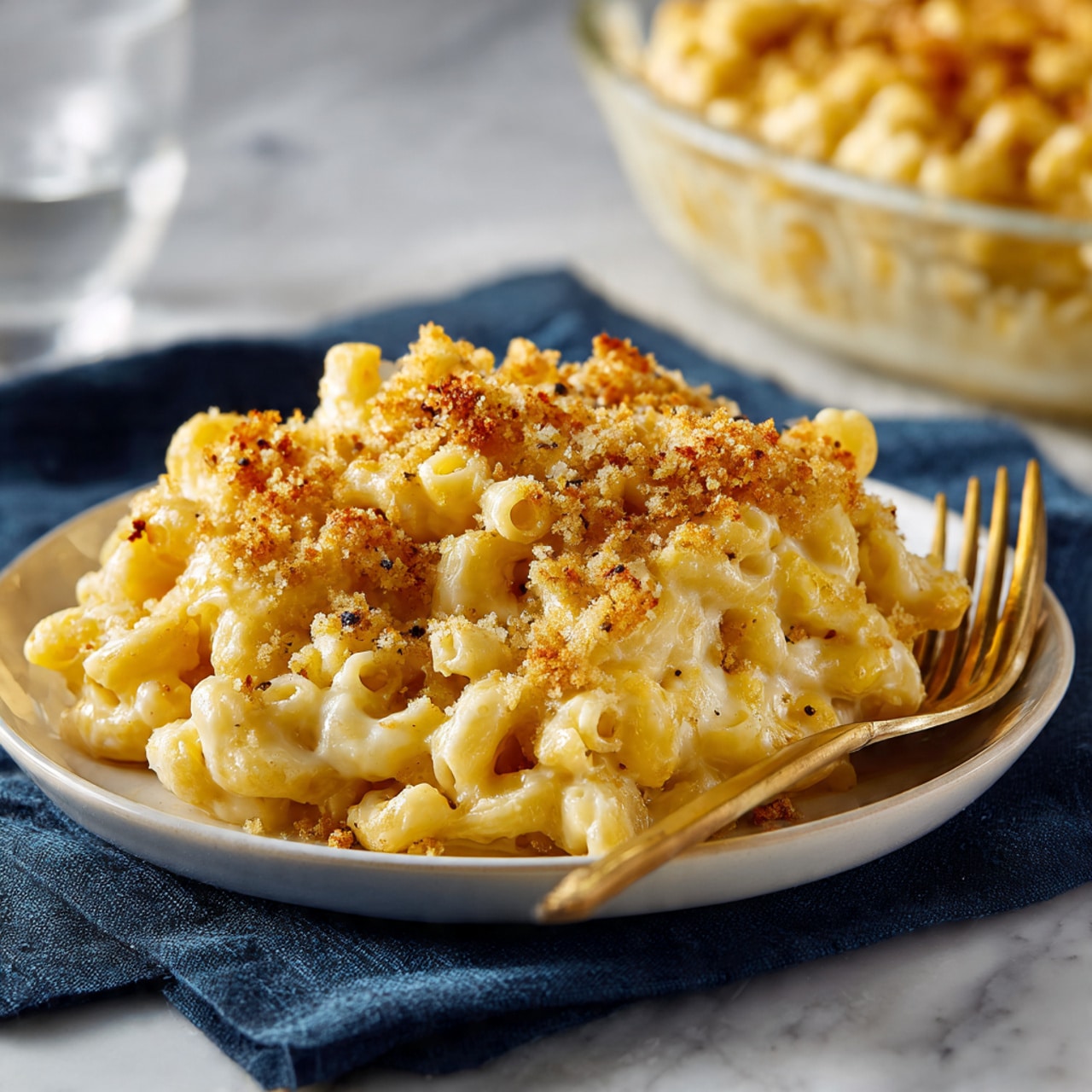 A white speckled oval baking dish filled with creamy macaroni and cheese topped with a golden brown crumb layer. The small elbow pasta is well coated in a smooth, rich orange cheese sauce, with the crumb topping appearing lightly toasted and scattered evenly across the surface. The dish is placed on a white marbled surface with a blue cloth napkin and a large wooden spoon with holes resting nearby. photo taken with an iphone --ar 4:5 --v 7