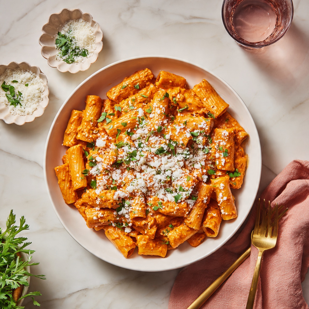 A white bowl filled with rigatoni pasta coated in a thick, creamy orange sauce. The pasta pieces are tubular and slightly ridged, layered closely together, with the sauce giving a shiny texture. On top, there is a generous sprinkle of finely grated white cheese and small chopped green herbs scattered evenly. To the right inside the bowl lies a gold fork resting diagonally. The bowl is placed on a white marbled surface, with small white dishes containing grated cheese and chopped green herbs partially visible in the background. photo taken with an iphone --ar 4:5 --v 7