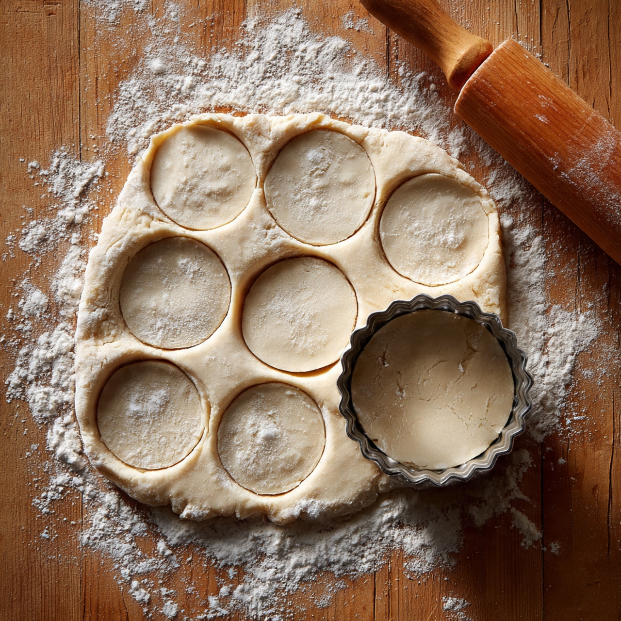A flat piece of light beige dough is rolled out on a wooden surface dusted with white flour, with a rolling pin resting at the top right corner. Eight round shapes are cut out neatly from the dough, arranged closely in two rows. A round fluted metal cutter is placed on the lower right section of the dough, showing the last cut shape in progress. The dough appears soft and slightly powdery, with fine flour scattered around, creating a smooth, prepared look. The wooden surface underneath adds a warm tone with its natural grain patterns. photo taken with an iphone --ar 4:5 --v 7
