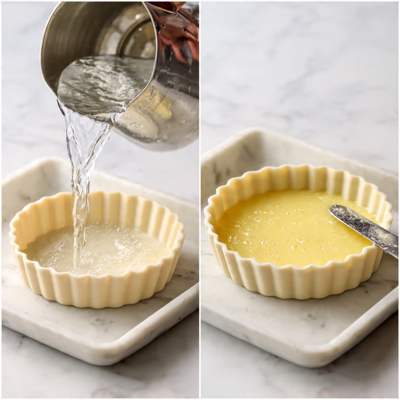 The image shows two side-by-side photos of a light cream-colored fluted silicone mold inside a white marbled tray. In the left photo, clear water is being poured from a metal pitcher into the tray under the silicone mold, with the mold raised slightly to show the water. In the right photo, the same mold is filled with a thick yellow batter with small bubbles on the surface, and a woman's hand is using a butter knife to gently loosen the edges of the batter from the mold. The background is a white marbled surface. photo taken with an iphone --ar 4:5 --v 7