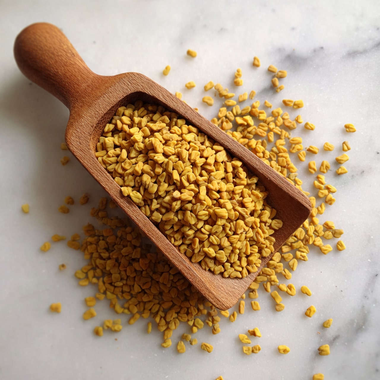 A wooden scoop filled with small yellow fenugreek seeds is placed on a white marbled surface. The scoop is rectangular with rounded edges and a rounded handle, and the seeds overflow slightly from the scoop onto the surface. The seeds are small, smooth, and oval-shaped, creating a textured pile around the scoop. photo taken with an iphone --ar 4:5 --v 7