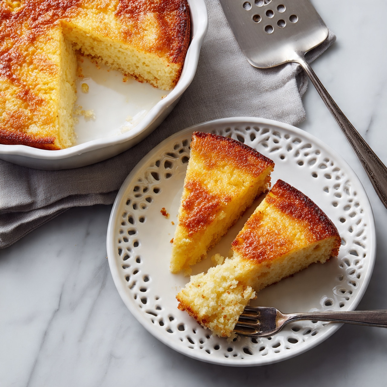 A white plate with cut-out patterns around the edge holds three triangular pieces of a golden-brown baked dessert with a slightly crumbly texture and a soft, pale yellow inside layer. A silver fork rests on the plate, holding a small bite of the dessert. In the background, a white round baking dish with a similar dessert, partially sliced, is placed on a white marbled surface with a light gray cloth nearby, and a metal spatula with holes rests on the dish. Photo taken with an iphone --ar 4:5 --v 7