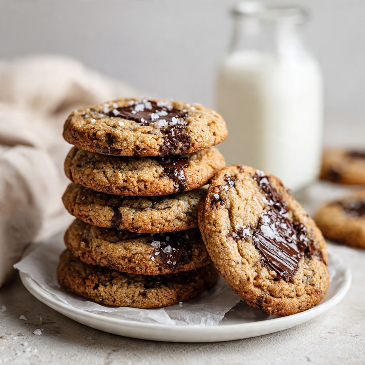 The image shows a close-up of a cookie on a crinkled white paper surface with a white marbled texture background. The cookie is round with a golden-brown color and has chunks of melted dark chocolate spread unevenly across its surface. The top layer is cracked open in the center, revealing a gooey, rich chocolate filling inside. There are small flakes of white sea salt sprinkled over the top, enhancing the texture and color contrast of the cookie. The edges of the cookie look slightly crispy, while the inside appears soft and chewy. Surrounding the main cookie, parts of other cookies are visible, suggesting a fresh, warm batch. photo taken with an iphone --ar 4:5 --v 7