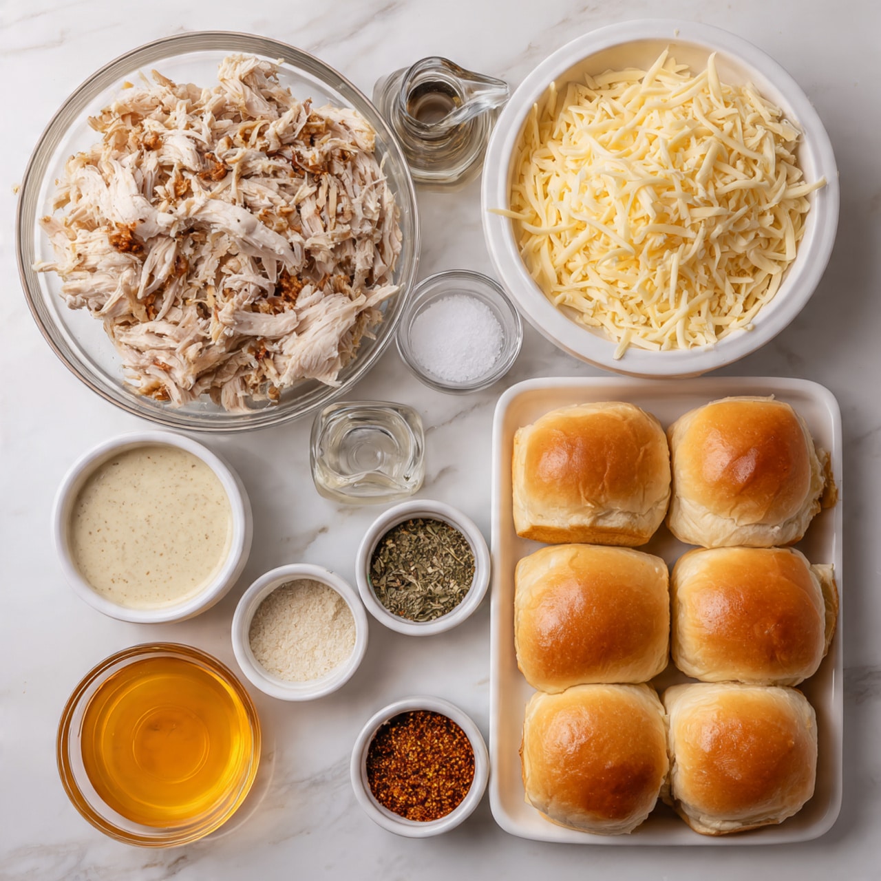 The image shows ingredients for making sandwiches arranged on a white marbled surface. There are two trays of golden brown soft rolls placed at the bottom right. Above them to the left is a large clear bowl filled with shredded cooked chicken that has a light beige color with some brown pieces. To the top right of the chicken, there is a white bowl full of shredded pale yellow cheese. To the right of the cheese are two small glass containers, one filled with salt and the other with black pepper. On the left side near the top are two small white bowls, one with a light creamy sauce speckled with herbs and the other with a dry reddish-brown spice mix. Near the bottom left, there is a small white bowl with a light yellow liquid and a black glass container with ground black pepper beside it. Near the center right is another white bowl filled with bright orange sauce. The setup is neat and evenly spaced. Photo taken with an iphone --ar 4:5 --v 7