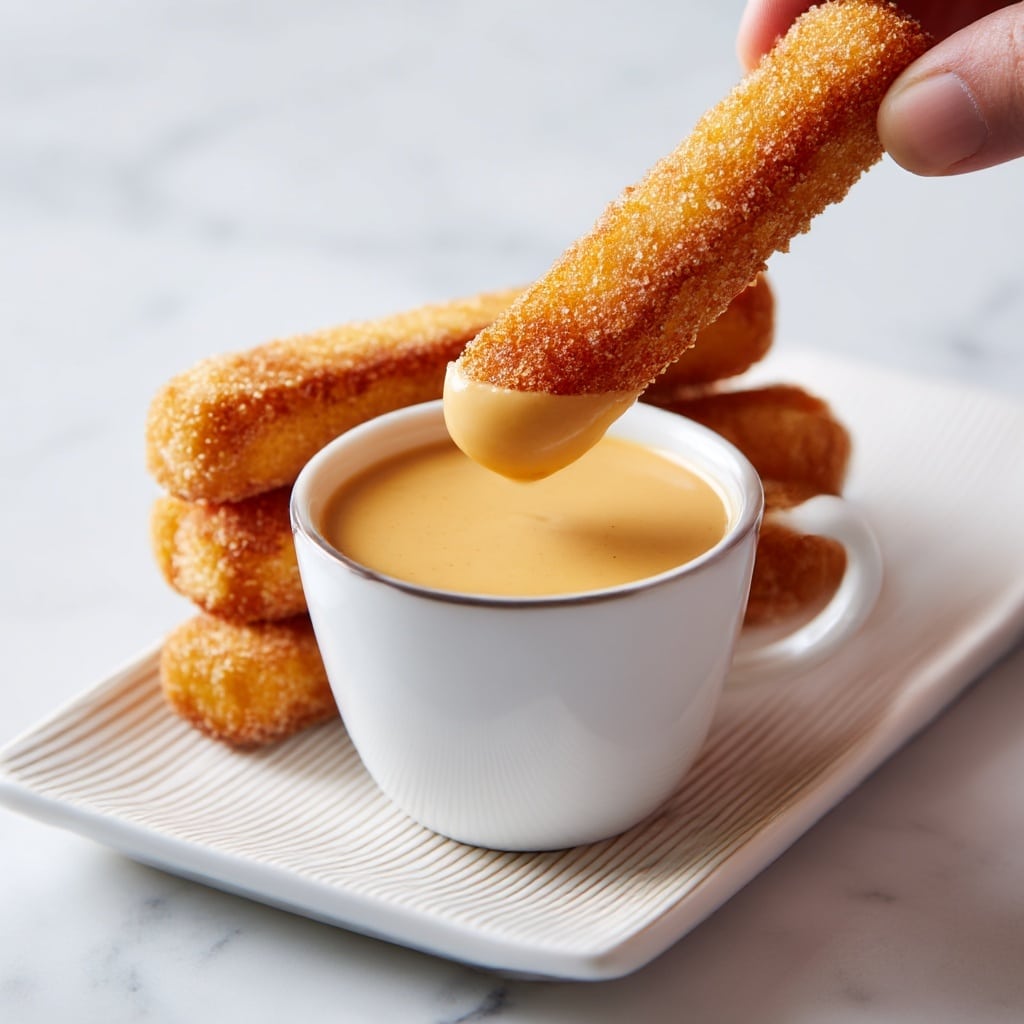 A stack of ten golden-brown fried sticks is neatly arranged in two layers on a white rectangular plate, five sticks forming the base layer and five more on top. The fried sticks have a smooth, crispy texture. Behind the plate, there is a small white bowl filled with light pink dipping sauce. The plate is set on a white cloth with a white marbled surface in the background. photo taken with an iphone --ar 4:5 --v 7