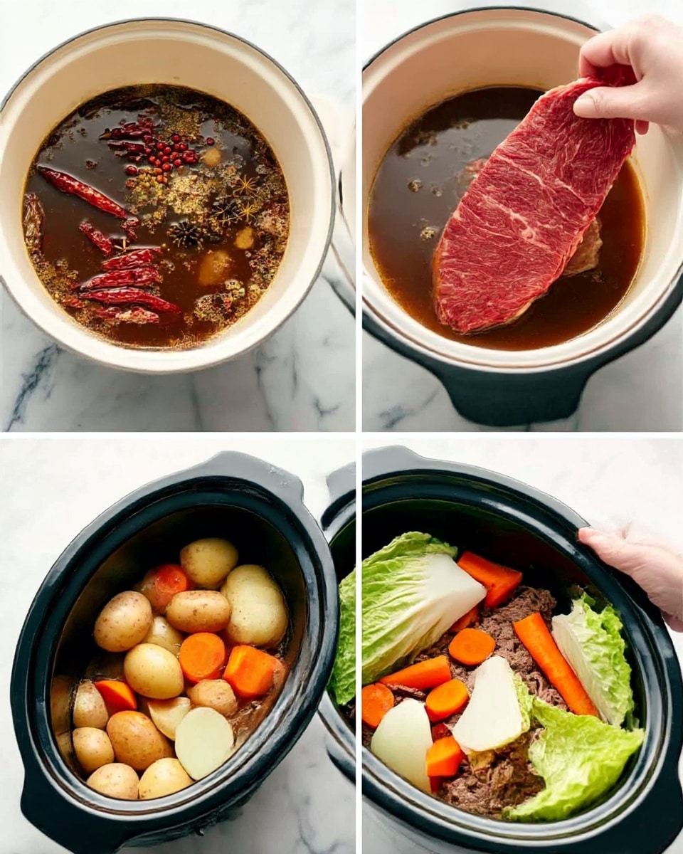 A collage of four images showing a cooking process. The top left image shows a white pot filled with dark brown liquid with spices floating on top, including dried red chilies and peppercorns, with a woman's hand holding a piece of raw red meat above the pot. The top right image shows the same white pot with the meat now submerged, turning brown, along with the spices floating in the liquid, and a woman's hand holding the edge of the meat. The bottom left image shows a black slow cooker bowl filled with cut vegetables: light brown round potatoes, large orange carrot pieces, and white onion chunks, all arranged evenly. The bottom right image shows the same slow cooker with the browned meat now inside surrounded by orange carrot pieces and fresh green cabbage leaves placed on top, and a woman's hand adding a cabbage leaf. The whole setup is on a white marbled surface. Photo taken with an iphone --ar 4:5 --v 7