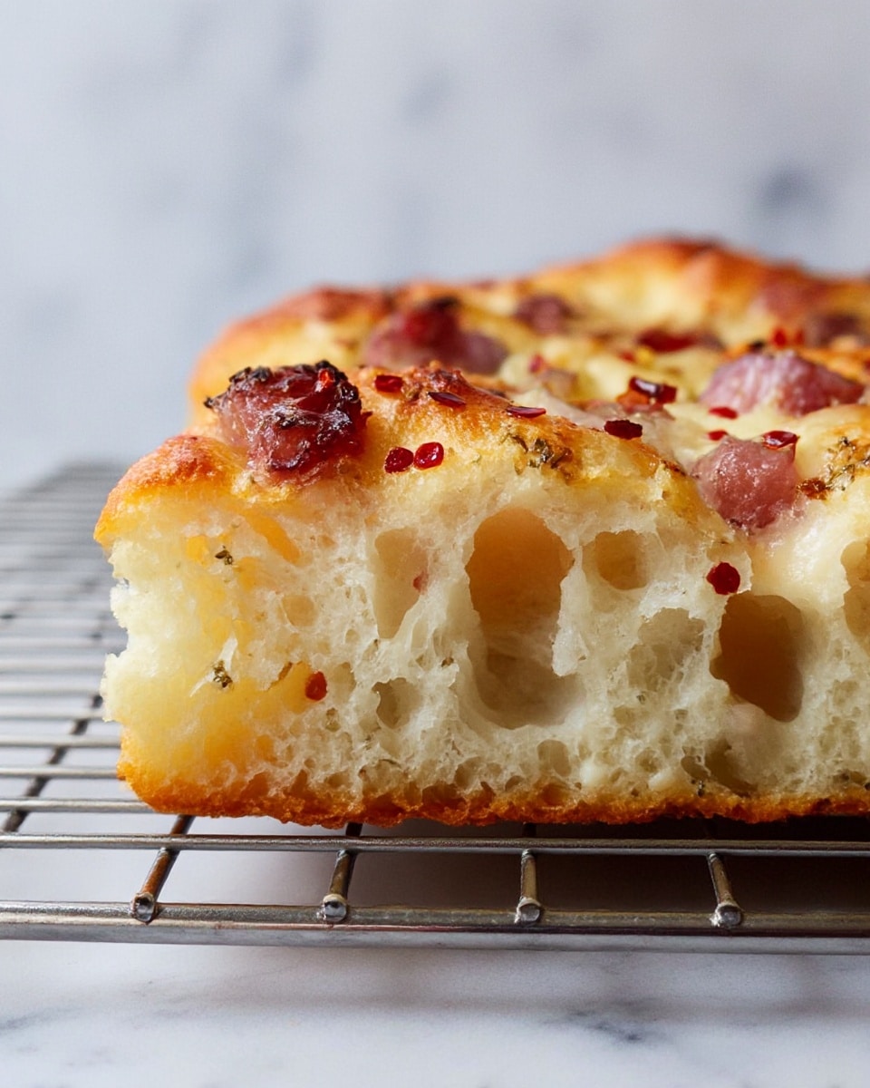The image shows a round focaccia bread on a metal cooling rack placed on a white marbled surface. The focaccia has a golden-brown crust with a slightly uneven, bumpy texture. Scattered on top are dark purple fig slices with visible seeds and bits of fresh herbs like rosemary. There are also melted cheese patches with an orange tint, adding richness and a bit of a crispy finish to the bread. Small chili flakes and coarse salt are sprinkled across the surface, giving it an extra burst of color and texture. The bread looks fluffy inside with a nicely baked crust. Photo taken with an iphone --ar 4:5 --v 7