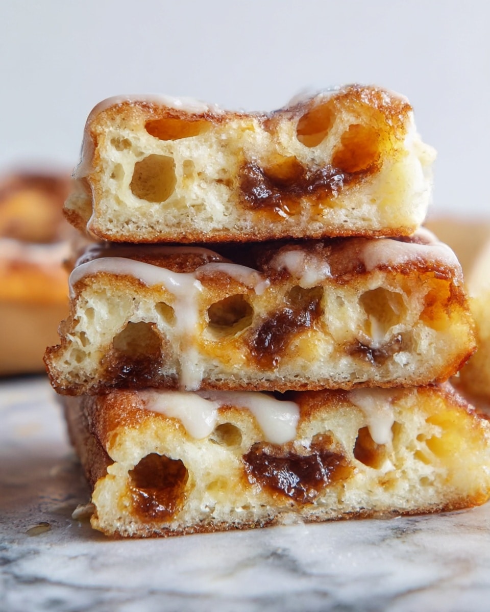 A close-up view of a golden brown rectangular pastry with a textured, slightly crispy surface showing dark caramelized spots. It is covered unevenly with a thick layer of white glaze that drips down the side, creating smooth, shiny streams. The pastry rests on a black wire cooling rack that sits on a white marbled textured surface. The background is softly blurred white with light gray veins. photo taken with an iphone --ar 4:5 --v 7