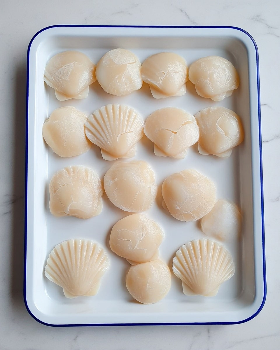 The image shows a white rectangular tray with a blue rim, placed on a white marbled surface. On the tray, there are fifteen smooth, pale beige, round scallops spread out evenly in three rows. Each scallop has a slightly translucent, glossy texture with subtle natural ridges and small cracks on the surface, giving them a fresh and moist appearance. The lighting highlights their gentle sheen and soft edges. photo taken with an iphone --ar 4:5 --v 7