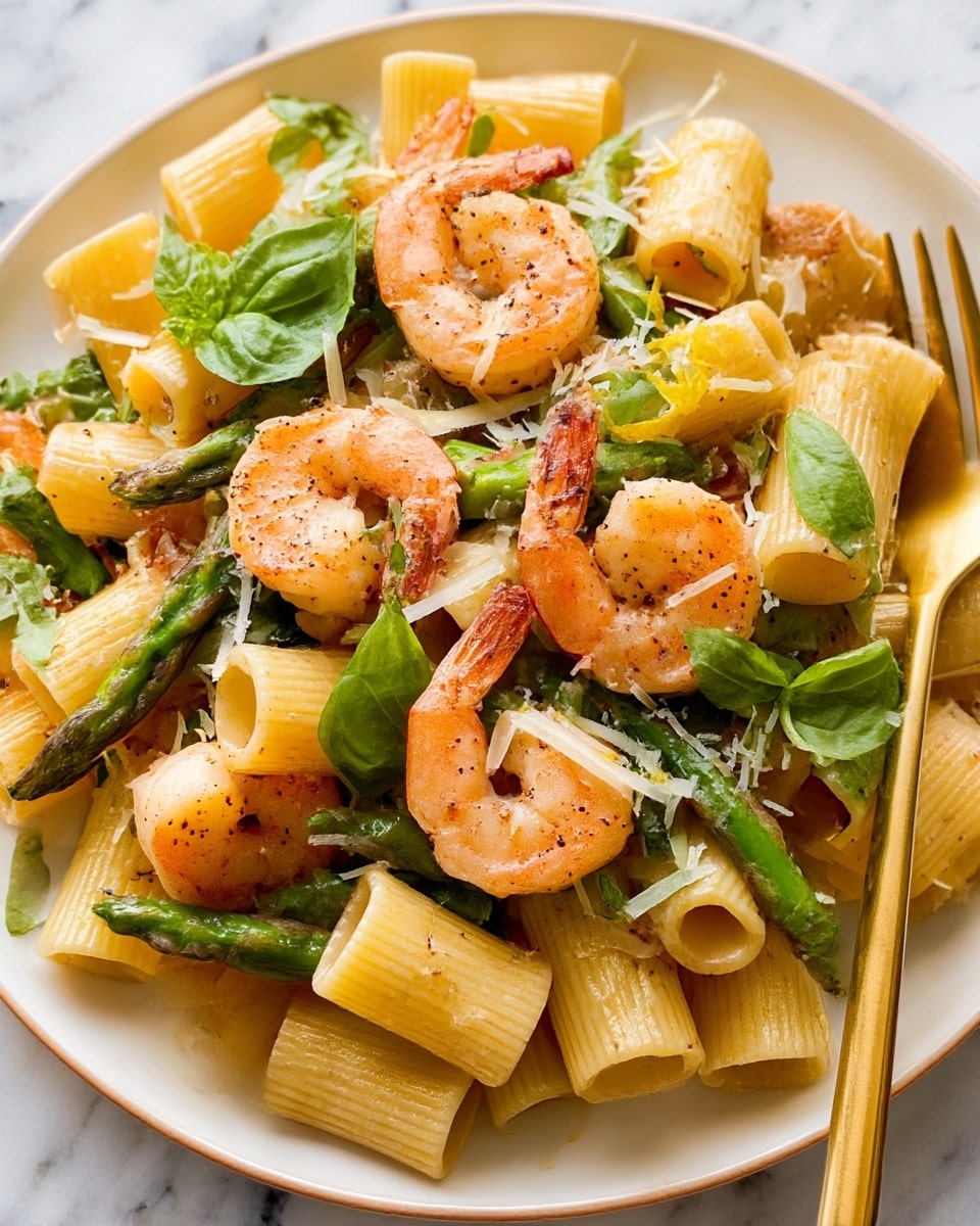 The image shows a white plate filled with a shrimp pasta dish on a white marbled surface. The pasta is rigatoni, light yellow and tube-shaped, forming the bottom layer. On top, there are large, cooked shrimp with a pink-orange color and specks of black pepper, positioned scattered evenly. Bright green pieces of asparagus are mixed through the pasta and shrimp, adding color contrast. Fresh basil leaves are spread across the dish, adding a fresh green touch. Light shavings of grated cheese are sprinkled over the top, along with some small lemon zest bits for a subtle yellow color. A gold fork rests on the right side of the plate. Photo taken with an iphone --ar 4:5 --v 7