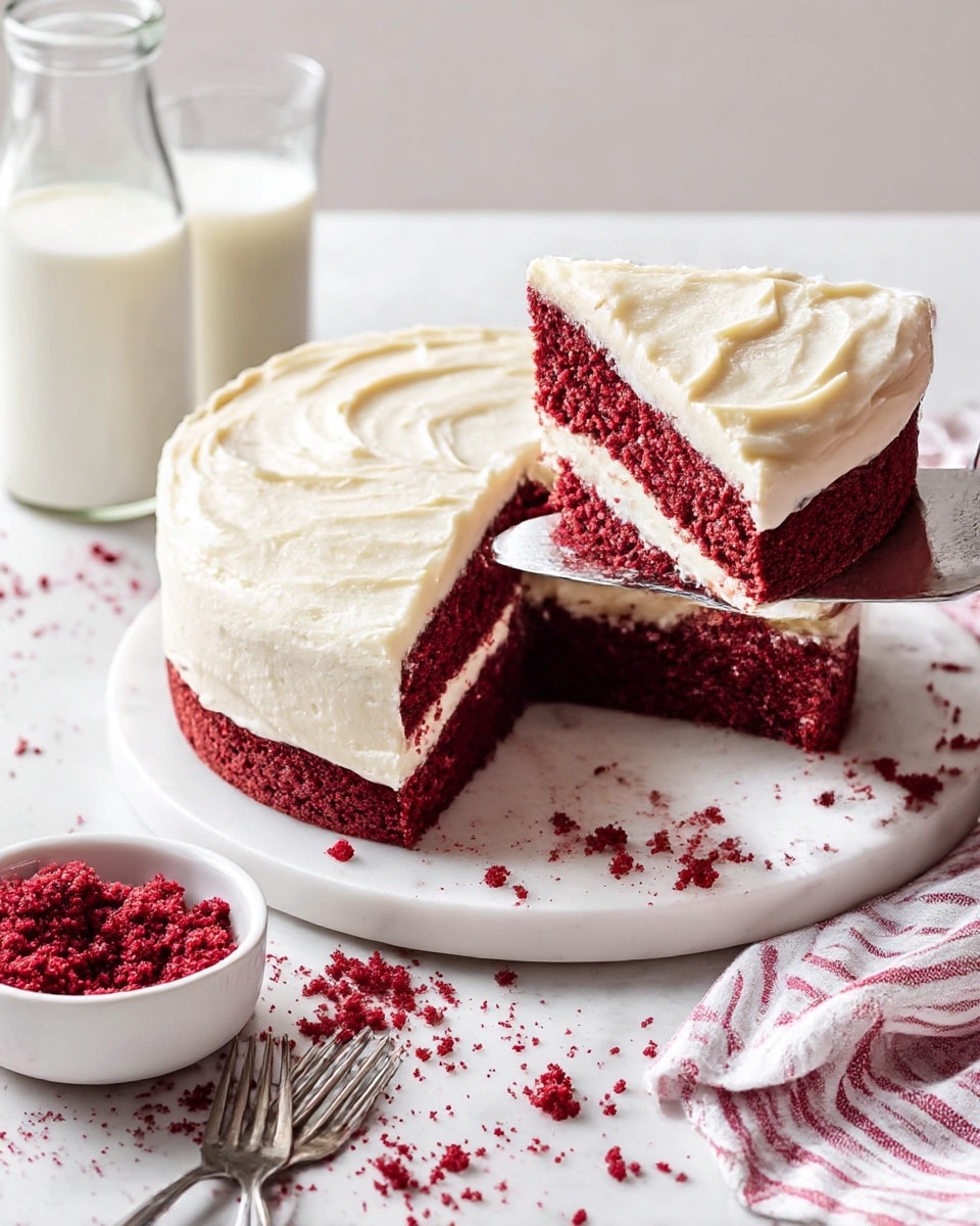 A two-layered red velvet cake sits on a white plate with a slice being lifted by a cake server. Each layer of the cake is deep red with a smooth, thick white cream cheese frosting between the layers and covering the top and sides. The frosting on top has soft swirls giving it a creamy texture. The white marbled surface holds scattered red cake crumbs, a small white bowl filled with more red crumbs, and a few forks placed on a white and red-striped cloth. In the background, a glass bottle of milk and a glass of milk add to the scene. Photo taken with an iphone --ar 4:5 --v 7