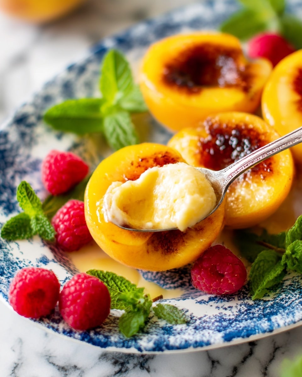 The image shows two lemon halves filled with creamy, smooth custard that has a caramelized brown top, with one lemon having a silver spoon scooping into the custard. The lemons are bright yellow with a fresh, slightly textured peel. Around the lemon halves, there are a few bright red raspberries and fresh green mint leaves placed on a white marbled surface. The lighting highlights the glossy, caramelized top of the custard and the freshness of the raspberries and mint. photo taken with an iphone --ar 4:5 --v 7