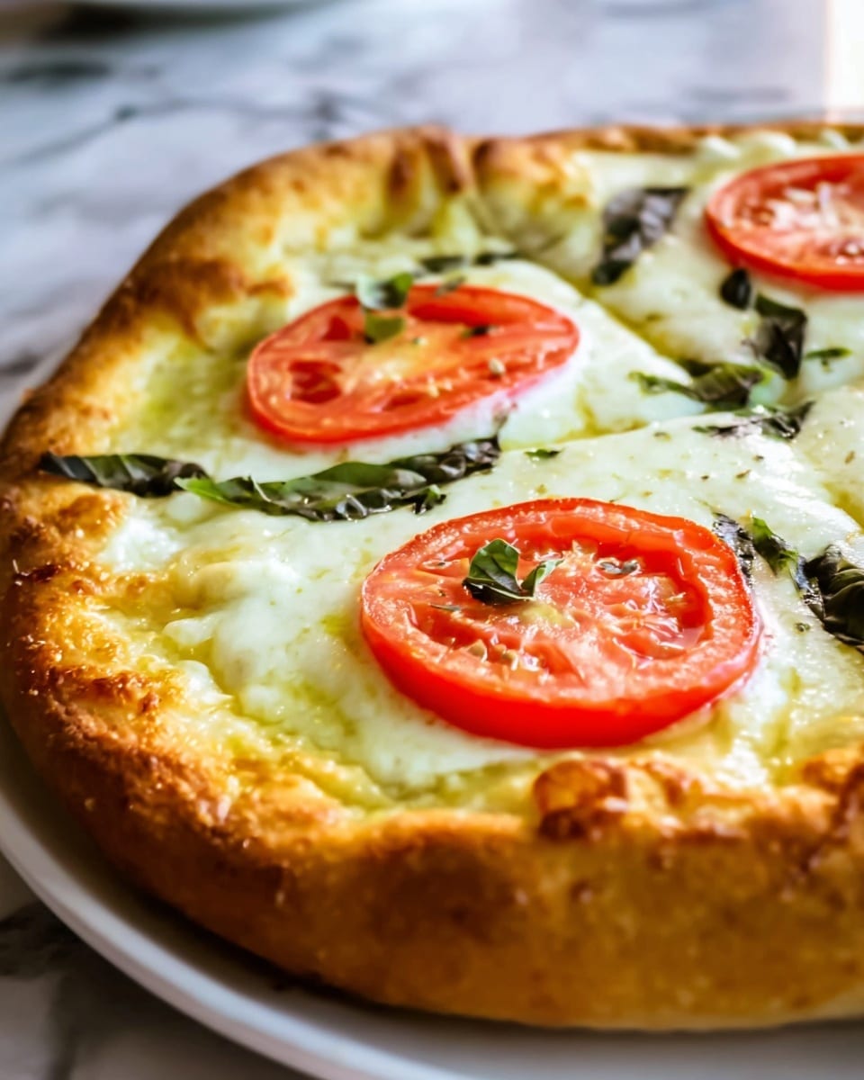 A close-up of a pizza showing a thick, golden-brown crust around the edges with a soft texture. On top of the crust is a layer of white melted cheese that looks smooth and slightly stretchy. There are three round slices of red tomato placed evenly on the cheese, each showing seeds and some juicy shine. Small dark green basil leaves are scattered between the tomato slices, adding contrast in color. The pizza is on a white plate with a white marbled table surface visible around it. Photo taken with an iphone --ar 4:5 --v 7