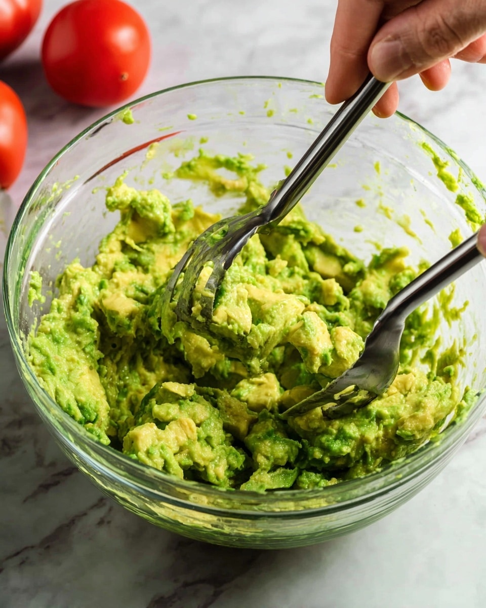 A white bowl is filled with a thick, chunky green guacamole that shows pieces of red tomato and green cilantro mixed throughout. The guacamole looks creamy with some small lumpy texture from the avocado, and a sprig of fresh cilantro is placed on one side of the bowl. The bowl sits on a white marbled surface and is surrounded by pale yellow triangular tortilla chips, creating a cozy snack scene. photo taken with an iphone --ar 4:5 --v 7