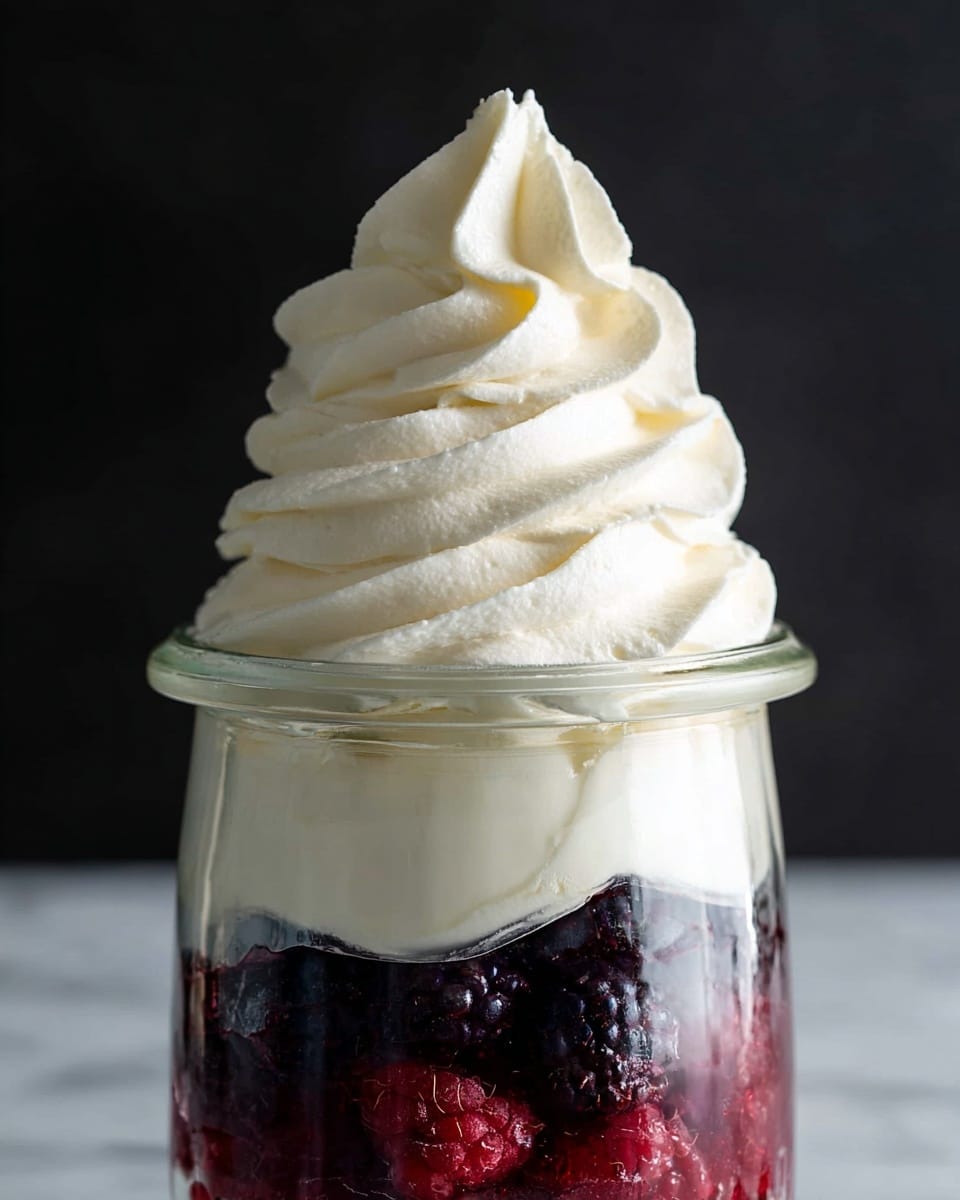 The image shows a glass jar with three layers: the bottom layer is made of red raspberries, the middle layer is made of blackberries, and the top layer is a large swirl of creamy white whipped cream, which looks soft and fluffy, rising high above the jar's rim. The background is dark, but the jar sits on a white marbled surface. Photo taken with an iphone --ar 4:5 --v 7