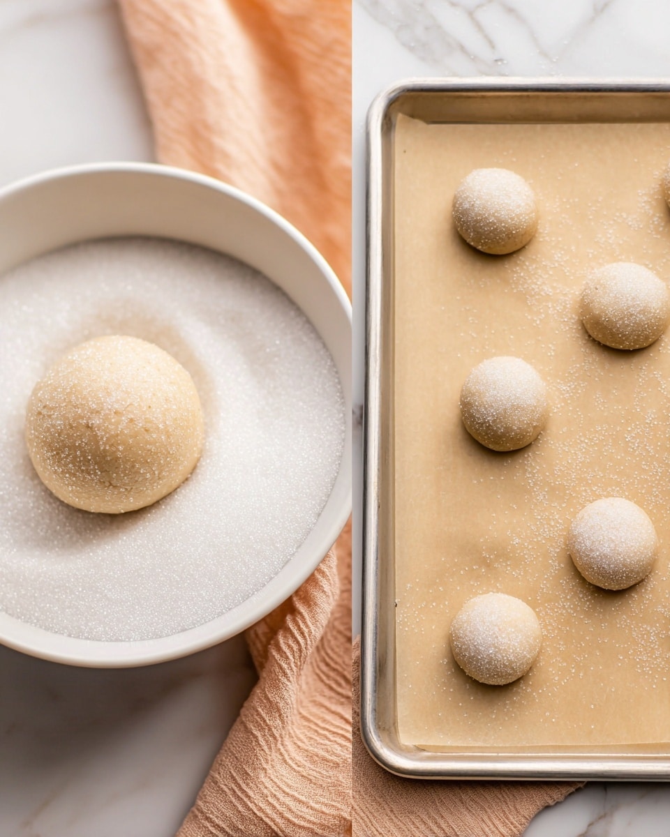 A white round plate holds seven light golden brown cookies with cracked tops and a sugar-dusted texture, arranged in a circular pattern with one cookie in the center and six surrounding it. The plate sits on a gold wire woven placemat placed on a white marbled surface. Around the plate are small, shiny spherical decorations in pink and gold colors along with a thin gold ribbon, creating a festive look. photo taken with an iphone --ar 4:5 --v 7
