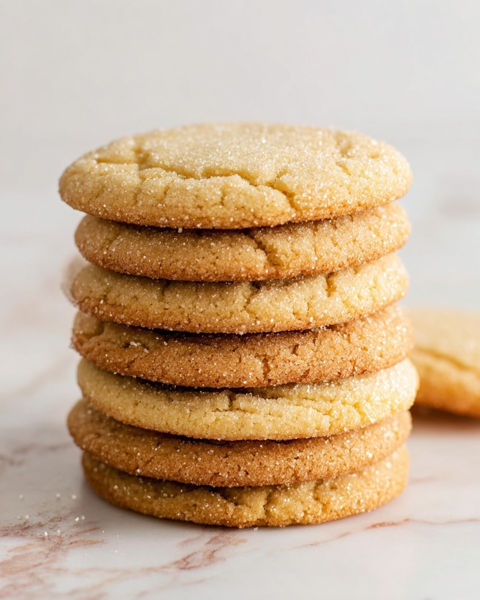 A stack of seven soft, light golden brown cookies is shown on a white marbled surface. Each cookie has a slightly cracked texture on top with a dusting of sugar that adds a subtle sparkle. The cookies are round and evenly shaped, with a slightly crisp edge and a tender center. The stack is close-up, capturing the crumbly and slightly rough texture of the cookies. Photo taken with an iphone --ar 4:5 --v 7