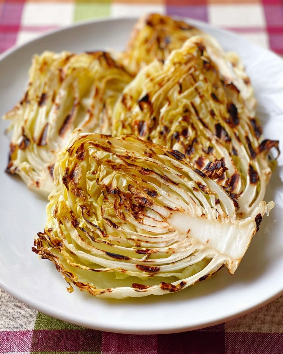 The image shows thick slices of roasted cabbage arranged on a foil-lined baking sheet. Each cabbage slice has several layers, with outer leaves in light green and the inner layers turning yellowish-white. The top layer is slightly browned with crispy edges and has dark specks of roasted seasoning sprinkled across. The foil beneath reflects light and shows some dark roasted spots. The setting is on a white marbled surface. photo taken with an iphone --ar 4:5 --v 7