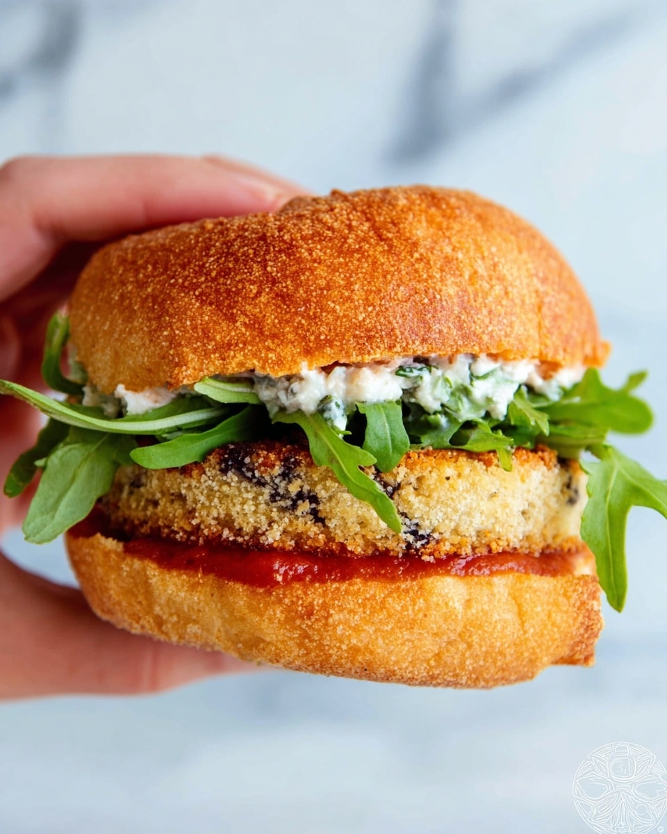 The image shows a sandwich with four clear layers. At the bottom is a soft round toasted bun that is golden brown and slightly cracked. The first layer above the bun is a thick bright red tomato sauce covering the bun. Next is a layer of creamy white spread mixed with green herbs, giving it a textured look. Above this is a handful of fresh green arugula leaves with jagged edges. On top of the arugula are thick breaded slices of dark purple eggplant with a crispy, light beige coating. The sandwich is finished with a top bun that is the same golden brown color, slightly dome-shaped, and cracked. The sandwich sits on a light wooden board with a few pieces of green arugula scattered around. The background features a white marbled surface. Photo taken with an iphone --ar 4:5 --v 7