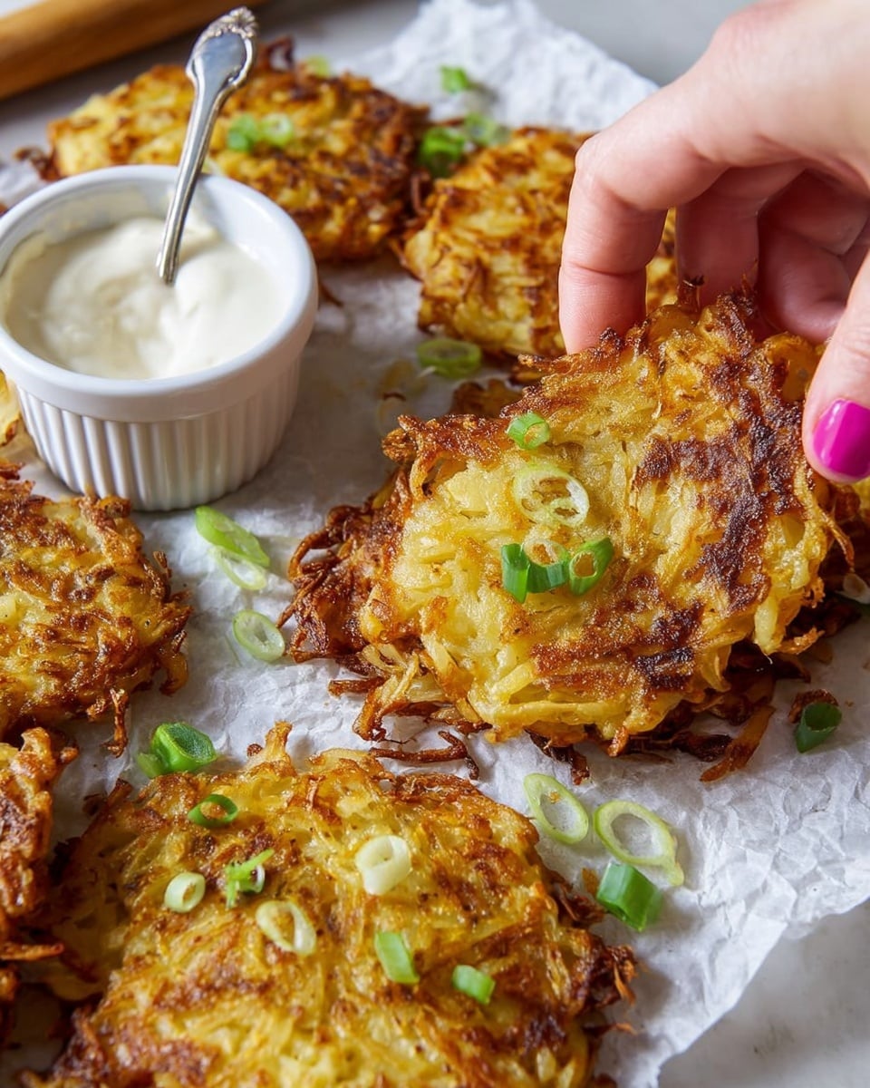 The image shows six golden-brown potato pancakes arranged in a circular shape on crumpled white parchment paper over a wooden cutting board. The pancakes have a rough texture with visible shredded potato strands, crispy browned edges, and are sprinkled with small pieces of green onion on top. Nearby, two whole light yellow potatoes rest on a white marbled surface, alongside a white ramekin filled with smooth white sauce and a silver spoon placed beside it. The overall setting is bright and clean with a rustic feel photo taken with an iphone --ar 4:5 --v 7