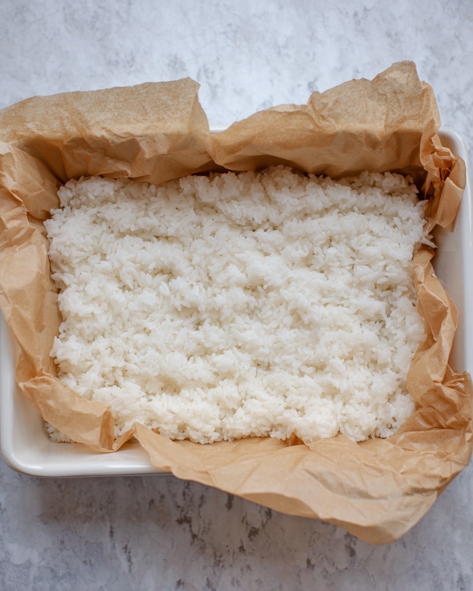 A white rectangular container lined with crumpled brown parchment paper holds a layer of cooked white rice, spread evenly and showing individual grains with a soft and slightly sticky texture. The container rests on a white marbled surface. photo taken with an iphone --ar 4:5 --v 7