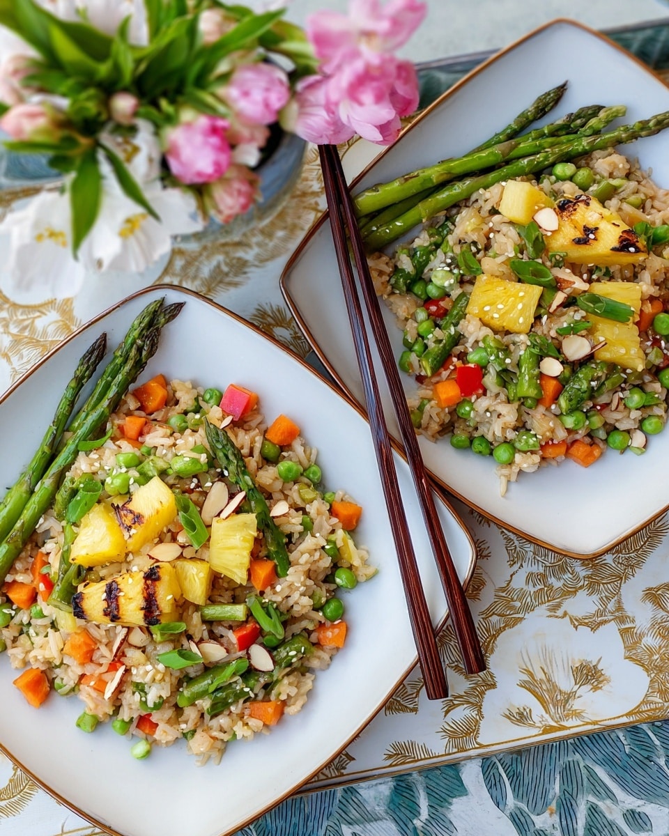 Two white square plates hold a colorful vegetable fried rice. The rice is light brown and mixed with green peas, asparagus tips, chopped green onions, and sliced red and yellow bell peppers. There are small chunks of grilled pineapple with char marks and slivered almonds sprinkled with white sesame seeds on top. Thin carrots and bright green asparagus tips are arranged on the rice. A pair of dark brown chopsticks rests on the plate to the right. The plates sit on a white marbled surface covered with a light tablecloth that has gold and blue patterns. A bunch of pink and white blossoms rests near the top center. photo taken with an iphone --ar 4:5 --v 7