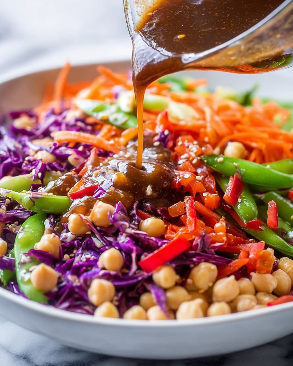 A white pan filled with a colorful vegetable stir-fry sits on a white marbled surface next to a folded blue kitchen towel. The dish has a mix of four main layers: round beige chickpeas scattered evenly on top and throughout, bright red bell pepper strips, green snap peas with smooth shiny skins, and shredded purple cabbage with a slightly wilted texture. Thin strands of orange carrot are spread between the other vegetables, adding more color. The vegetables are coated with a light brown sauce that gives them a shiny look. photo taken with an iphone --ar 4:5 --v 7