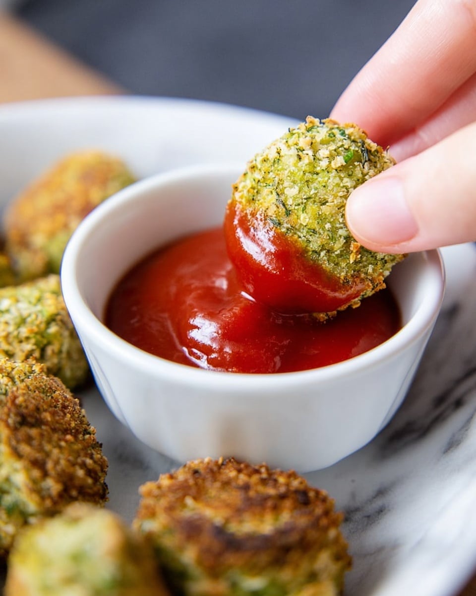 This image shows a metal tray filled with many small, rectangular green fritters that have a browned, crispy outside. The fritters are textured with visible bits of green herbs and a slightly rough surface. In the top left of the tray, there is a white round bowl filled with bright red ketchup, smooth and glossy with a slight swirl on the top. The tray is placed against a dark background, and the fritters are stacked loosely, some leaning on each other, filling the tray fully. photo taken with an iphone --ar 4:5 --v 7