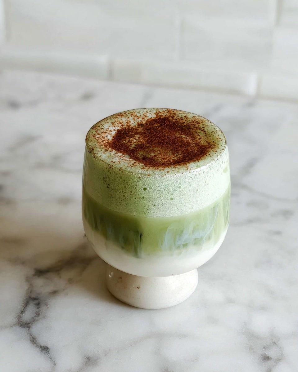 A small glass with a rounded bottom is placed on a white marbled surface. The glass holds a three-layered drink: the bottom layer is white with a smooth texture, the middle layer is green with a slightly mixed texture showing some darker green swirls, and the top layer is light green and frothy with a dusting of brown powder sprinkled evenly across the surface. The background also features a white marbled texture. photo taken with an iphone --ar 4:5 --v 7