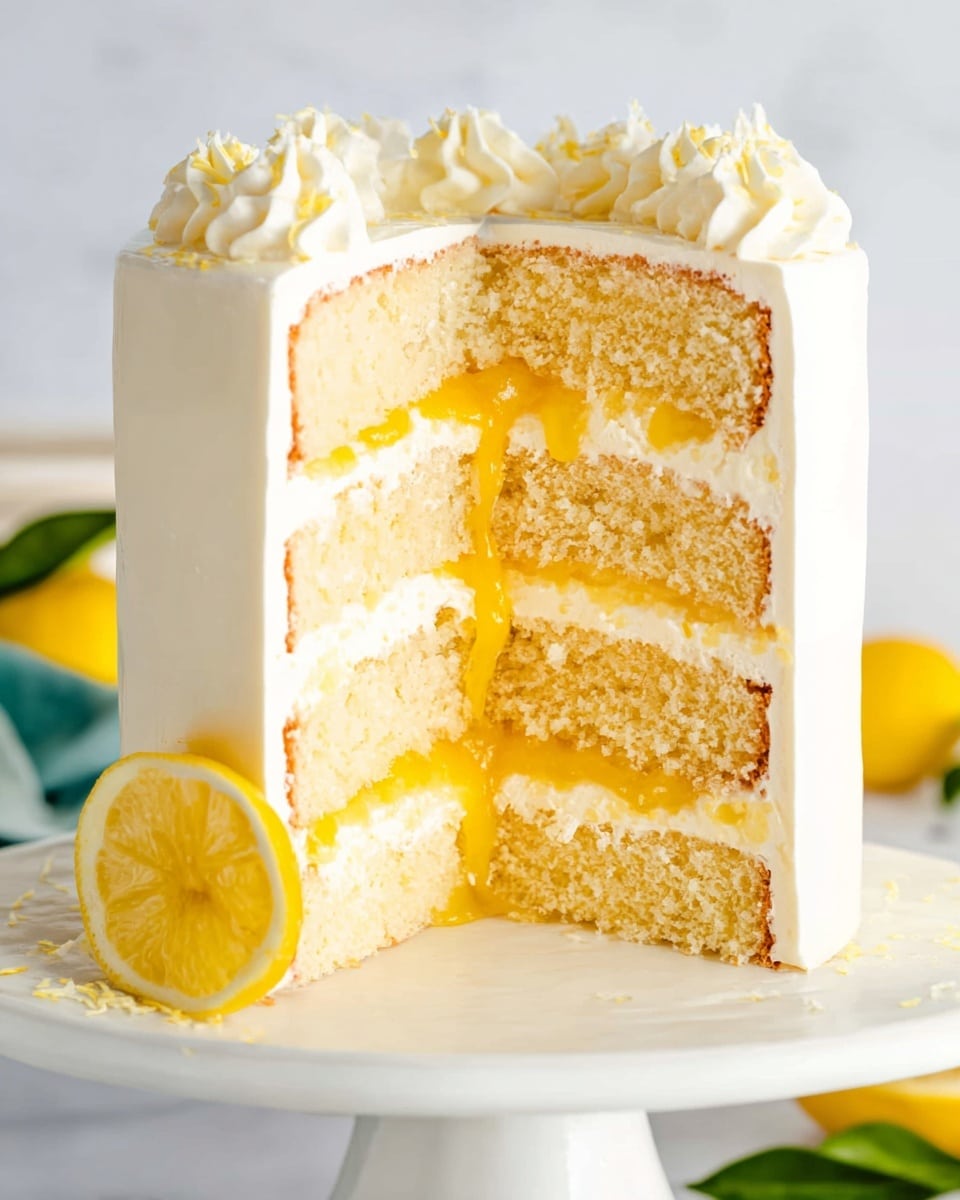 The image shows a tall three-layer vanilla cake with light yellow sponge layers. Between each sponge layer is a smooth white cream filling mixed with bright yellow lemon curd that slightly drips in the middle. The cake is covered with smooth white frosting on the sides and top, decorated with white frosting dollops around the edge. There is a thin lemon slice on the side of the cake near the base. The cake sits on a white plate, placed on a white marbled surface, with some lemons and green leaves blurred in the background. Photo taken with an iphone --ar 4:5 --v 7