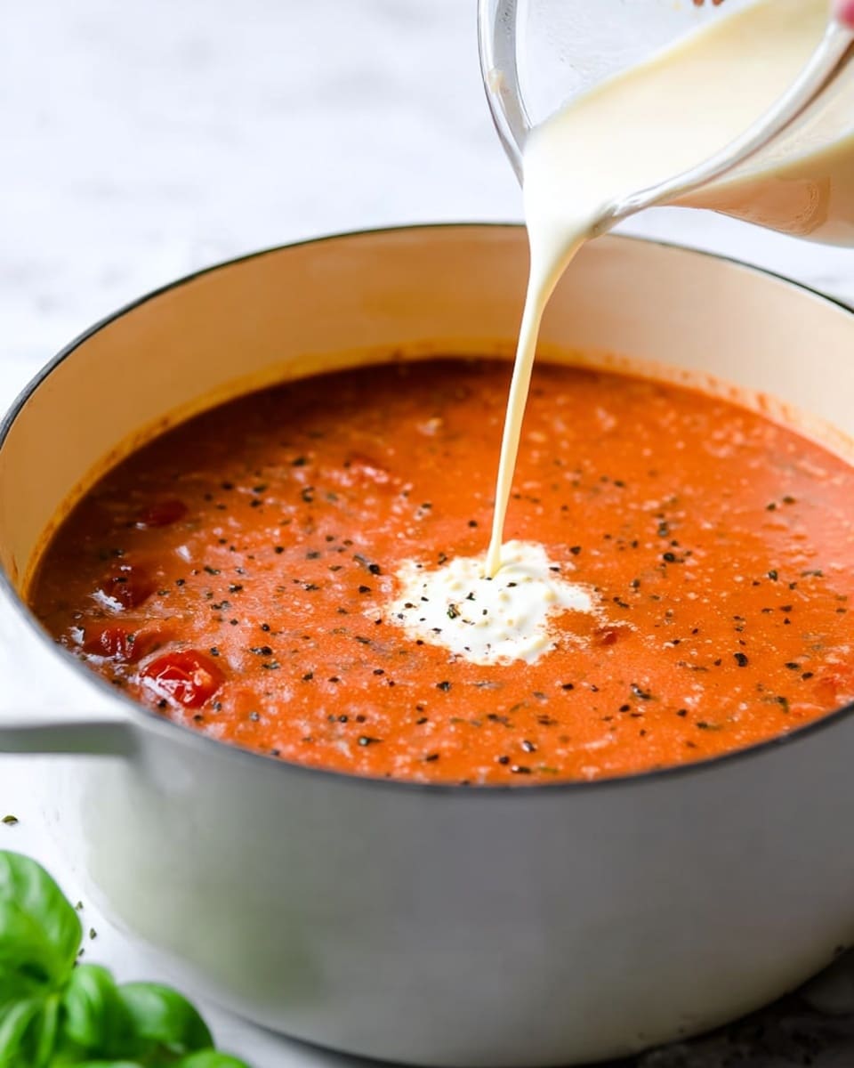 A close-up of a white pot filled with thick tomato soup, showing rich red and orange colors with small black herb specks and pieces of tomato floating inside. A woman's hand is pouring a stream of cream from a clear glass pitcher into the middle of the soup, forming a pale, creamy white splash that contrasts with the darker soup. The pot sits on a white marbled surface with a few green basil leaves scattered nearby, adding a fresh touch. The texture of the soup looks smooth but with some small visible chunks and herbs. photo taken with an iphone --ar 4:5 --v 7