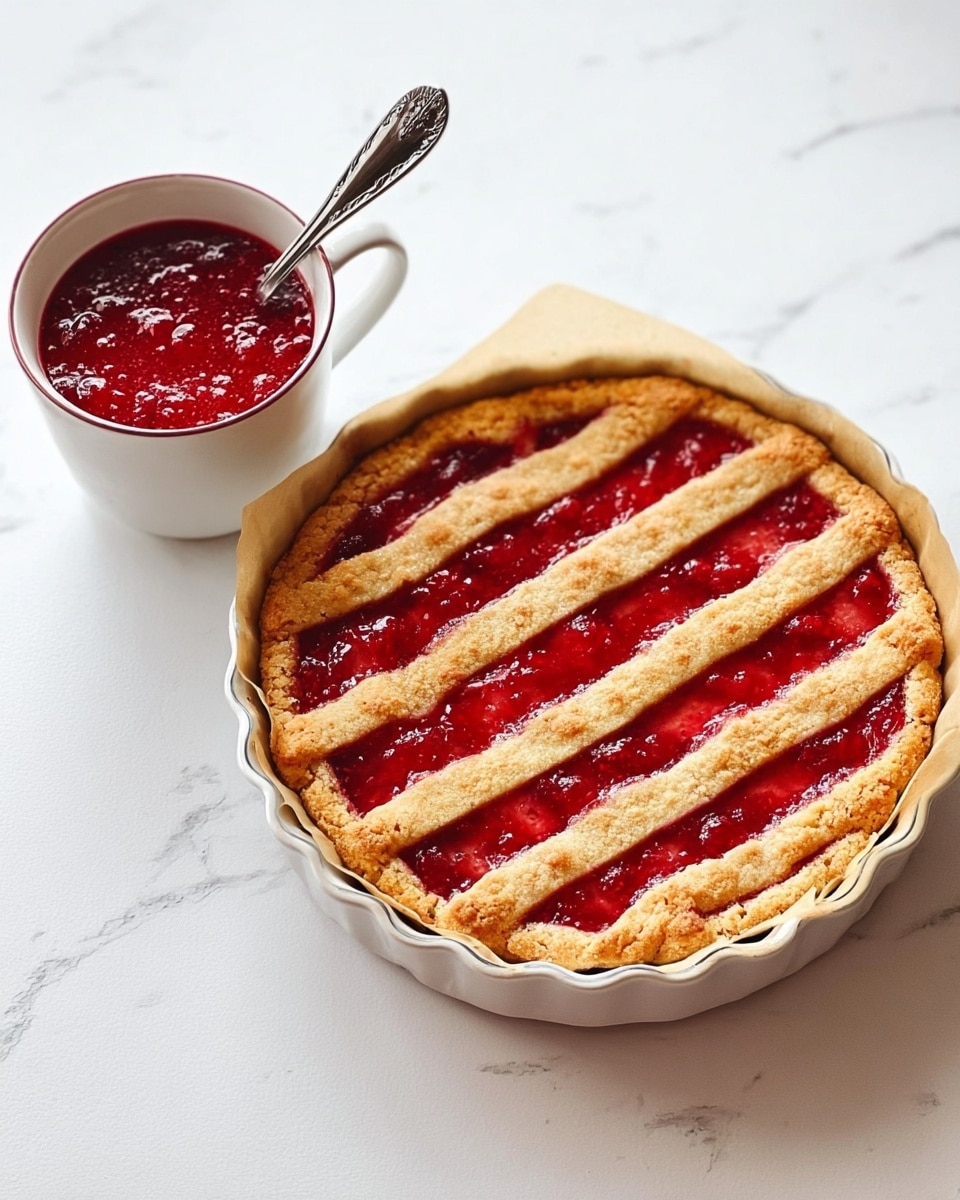 The image shows a round cake with a golden-brown crust and bright red jam dollops evenly spread across the top in two circular rows. One slice of the cake is placed on a white plate to the left of the main cake, revealing the light brown inside texture studded with small chunks. A fork rests beside the slice on the plate. The cake sits on a white marbled surface decorated with green leaves and small white flowers, with one white flower placed on top of the cake near the center. Photo taken with an iphone --ar 4:5 --v 7