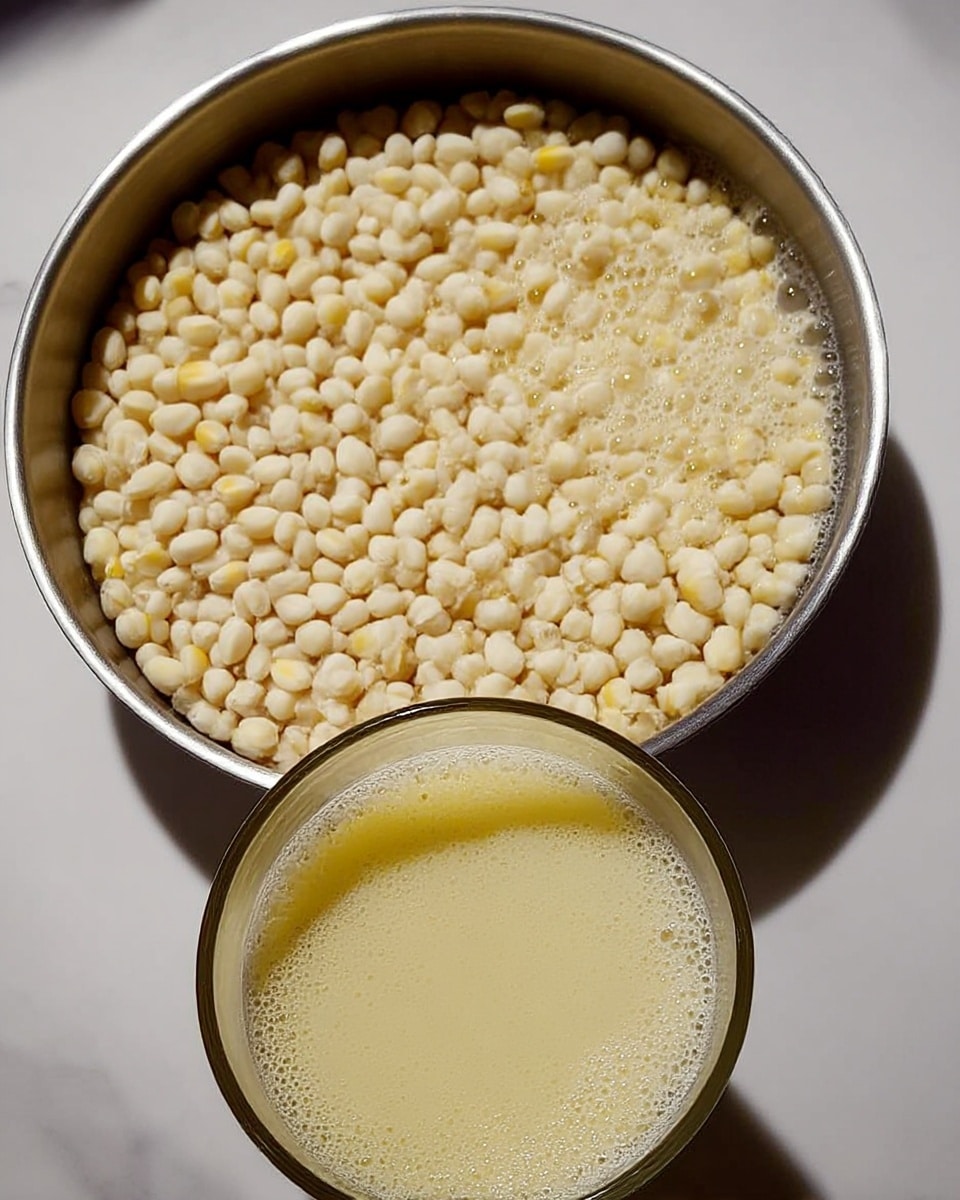 A close-up shows a metal bowl filled with small white and pale yellow kernels, resembling soft cooked grains. Next to it is a clear glass cup with a light yellow frothy liquid inside. Both items sit on a smooth white marbled surface. The light in the image highlights the texture of the grains and the bubbles on the liquid's surface. photo taken with an iphone --ar 4:5 --v 7