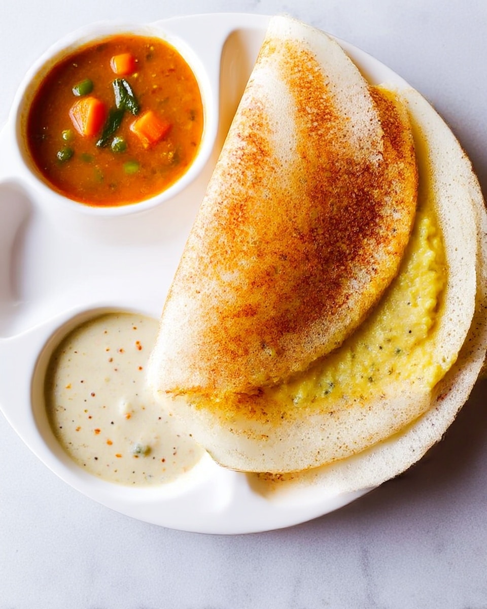 The image shows a white plate with three sections; the right larger section holds two folded golden-brown dosa pieces with a slightly crispy texture and soft inner layers. The top dosa shows a gradient from white on the edges to golden orange-brown at the center. The upper left section contains orange-brown sambar with visible chunks of vegetables like carrots and okra floating inside. The bottom left section holds white coconut chutney with tiny specks of black pepper and mustard seeds. The plate is set on a white marbled surface. Photo taken with an iphone --ar 4:5 --v 7