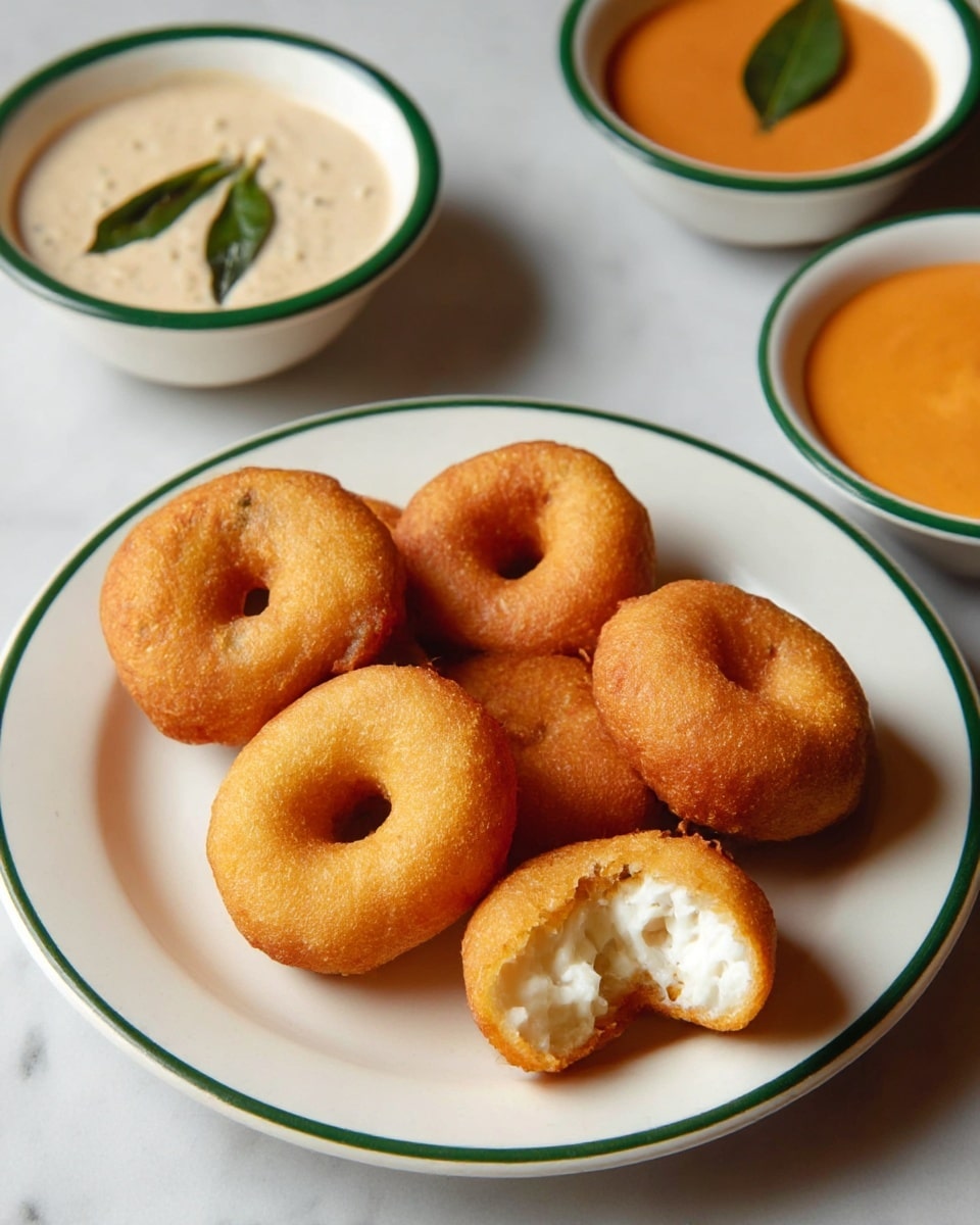 A white plate with six round, golden-brown fried rings stacked closely, each with a small hole in the center and a slightly rough texture. Behind the plate are two white cups with pale green rims; the left cup contains a light beige sauce with black mustard seeds and a green leaf on top, while the right cup holds an orange-colored soup with a wedge of lemon. The setting is on a dark surface. photo taken with an iphone --ar 4:5 --v 7