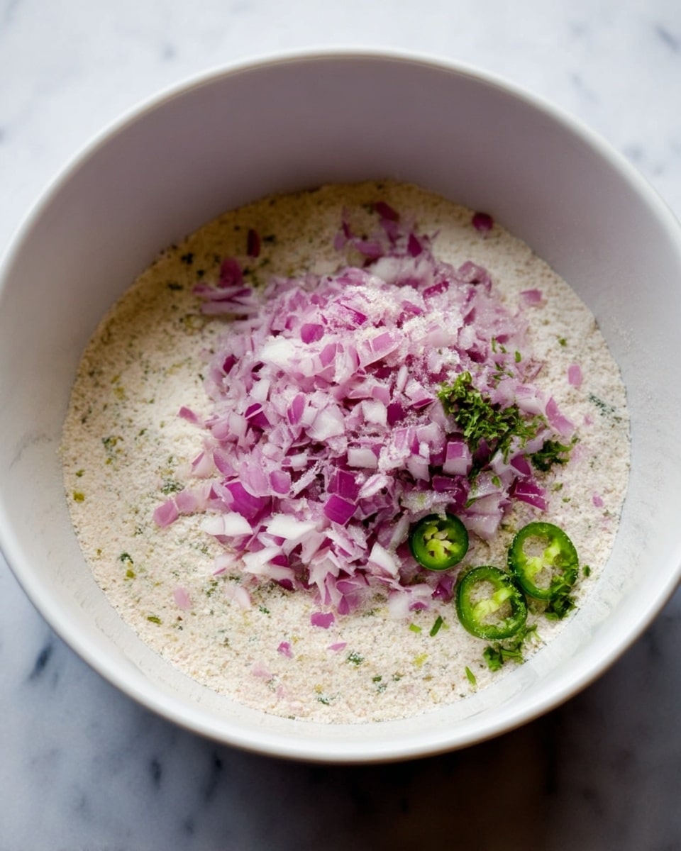 A white bowl is filled with layers of ingredients. The bottom layer is a light beige powder, likely flour or a similar dry ingredient, with some small green bits mixed in. On top of this is a heap of finely chopped purple onions, scattered over the powder. Around the onions are small green chili slices and a few green herb leaves, adding a touch of color contrast to the mixture. The bowl sits on a white marbled surface. photo taken with an iphone --ar 4:5 --v 7