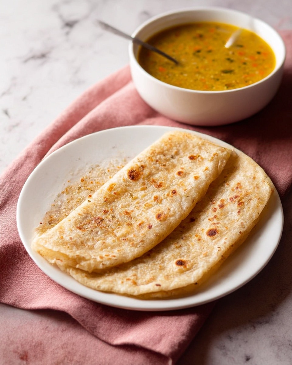 The image shows two light brown flatbreads with a slightly crispy texture and small darker spots, placed flat and side by side on a white plate. The flatbreads have visible small bits of spices and herbs throughout. Behind the plate, there is a white bowl filled with a yellowish-orange soup with tiny vegetable pieces floating inside. A spoon is resting in the bowl. The plate and bowl are on a soft pink cloth which sits on a surface with a white marbled texture. photo taken with an iphone --ar 4:5 --v 7