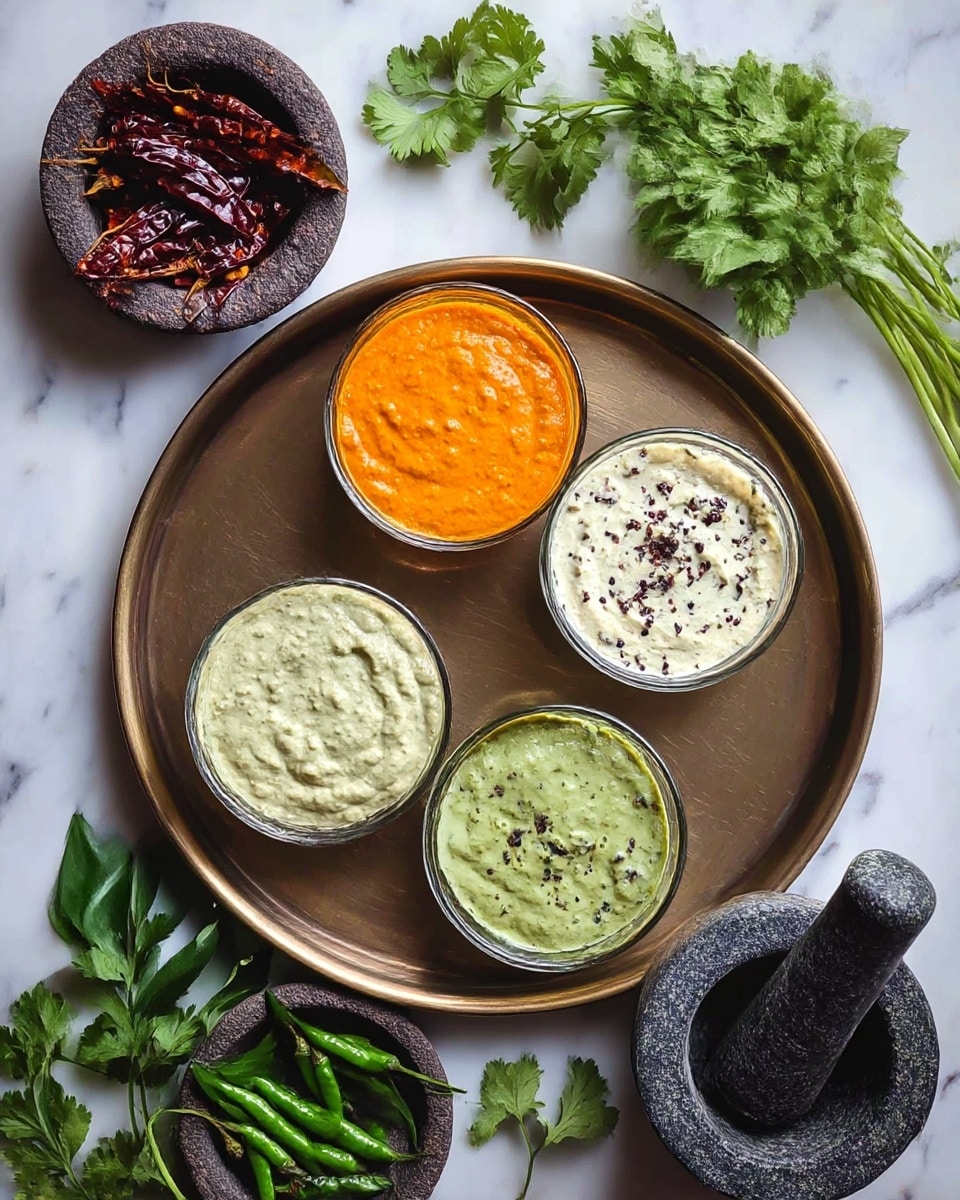 A round metal tray holds five small glass bowls arranged in a circle, each filled with different colorful chutneys: two are bright orange with a smooth texture, one is white with small black seeds and a creamy texture, another is light green with a creamy texture and some black seeds, and the last one is a darker green with a slightly chunky texture. Around the tray are small stone bowls containing fresh curry leaves and green chilies, along with a mortar and pestle holding dried red chilies. Fresh cilantro leaves rest to the side on a white marbled surface. The photo taken with an iphone --ar 4:5 --v 7