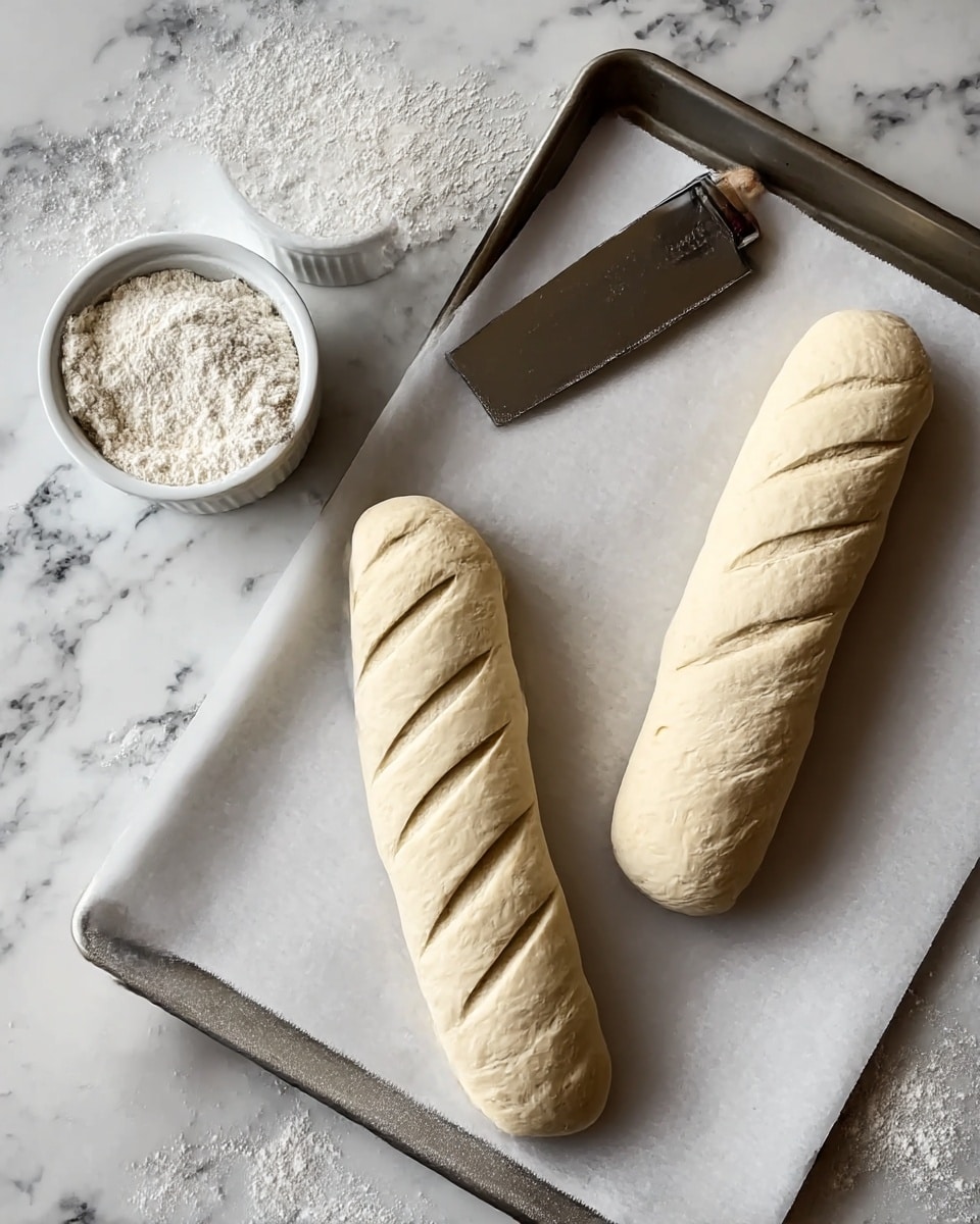Two long, light beige dough pieces rest on a white parchment paper on a baking tray. Each dough piece has four diagonal slashes on top, showing a smooth yet slightly textured surface. On the left side, there is a small white bowl filled with fine white flour and above it, a dough scraper with a wooden handle and a stainless steel blade. The background is a white marbled surface with some scattered flour, adding a rustic kitchen feel. Photo taken with an iphone --ar 4:5 --v 7
