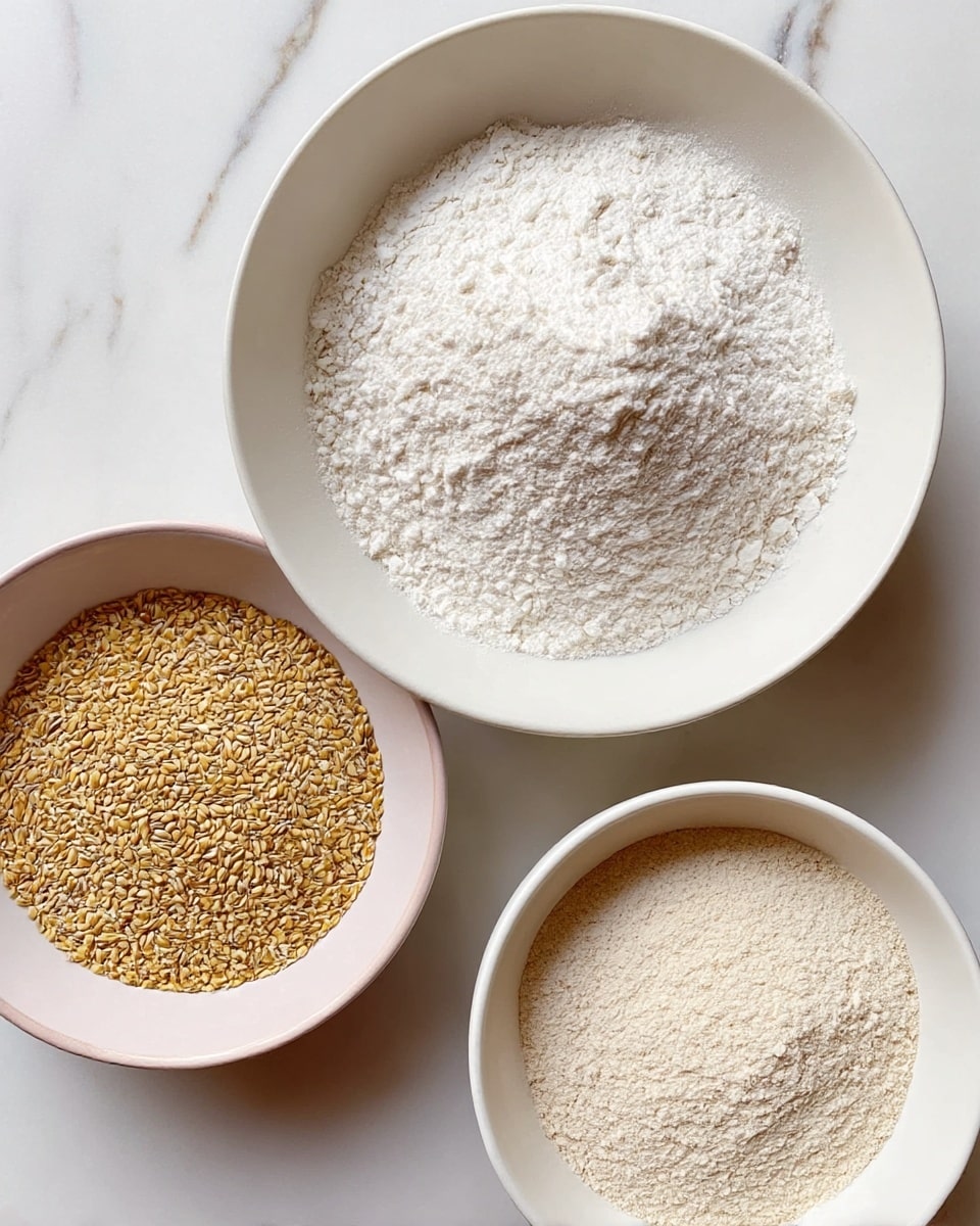 Three white bowls sit on a white marbled surface, each filled with different dry ingredients. The top bowl, round and white, holds a pile of fine, white flour with a soft, powdery texture. To the left, a white bowl with a pale pink rim contains a coarse mix of brownish-yellow grains and seeds. The bottom right bowl, also white, is filled with a light beige powder that looks slightly grainy. The ingredients create a contrast in textures and colors, arranged neatly for baking or cooking preparation. photo taken with an iphone --ar 4:5 --v 7
