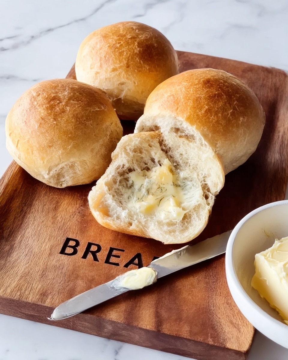 The image shows four round bread rolls with a light brown crust, three whole and one torn open to reveal a soft, fluffy inside with melted butter spreading across the torn surface. The rolls sit on a carved wooden board with visible grain and the carved word