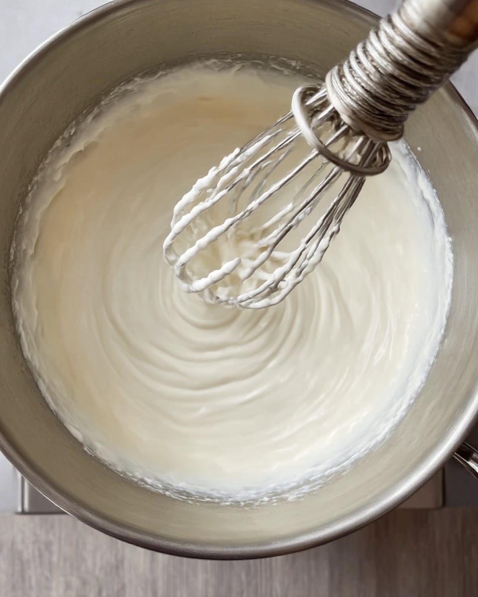 The image shows a large shiny metal pot filled with a thick, white creamy mixture that is being stirred by a silver whisk with a spiral design. The creamy mixture has a smooth and fluffy texture, swirling around as the whisk moves through it. The pot’s shiny surface reflects some light, and part of the kitchen floor with a wooden texture can be seen blurred in the background. photo taken with an iphone --ar 4:5 --v 7