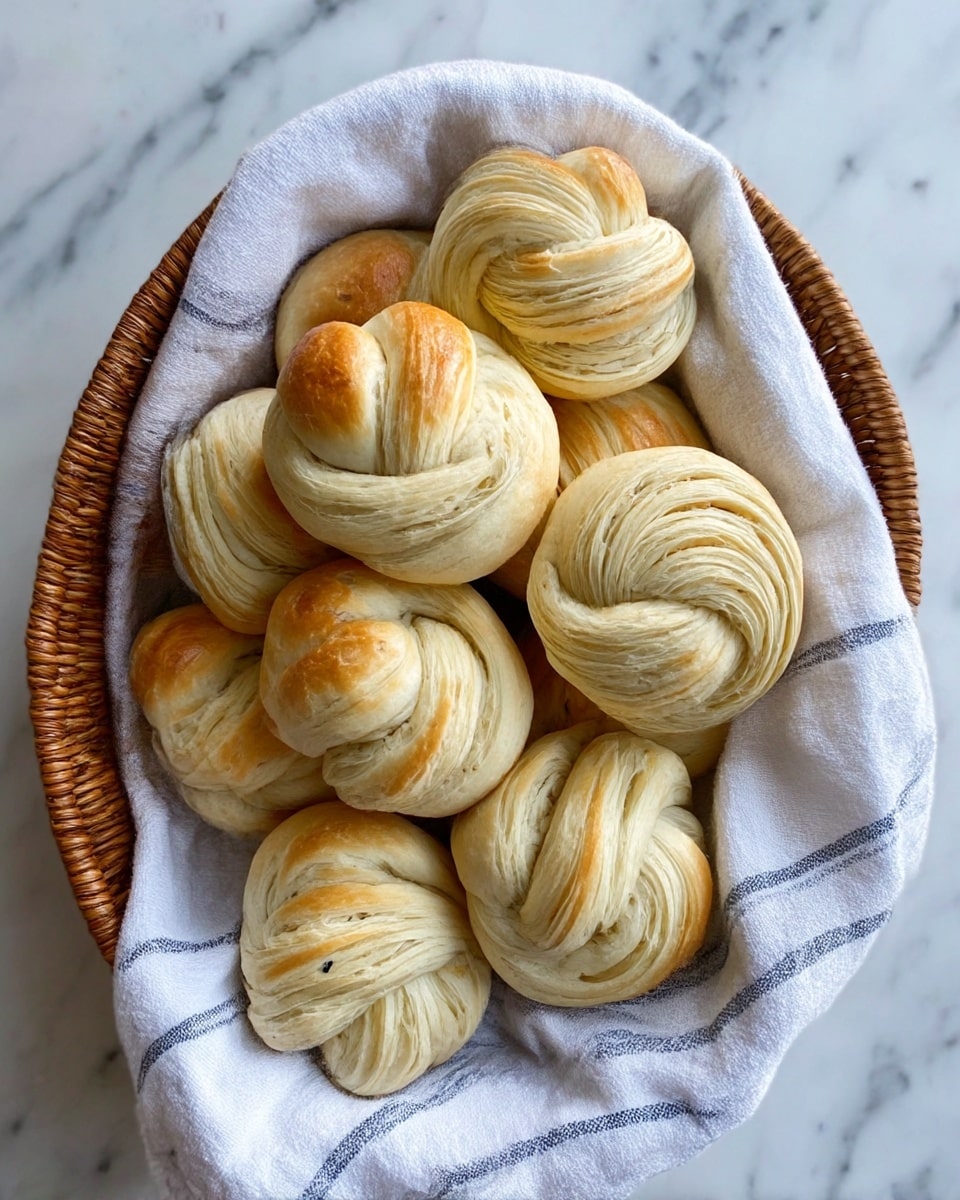 A woven basket lined with a white cloth with thin blue stripes holds eight round knotted bread rolls with a golden light brown top and creamy layers visible beneath; the bread has a soft texture with visible folds and slight dark specks inside the layers, arranged neatly in the basket on a white marbled surface. photo taken with an iphone --ar 4:5 --v 7