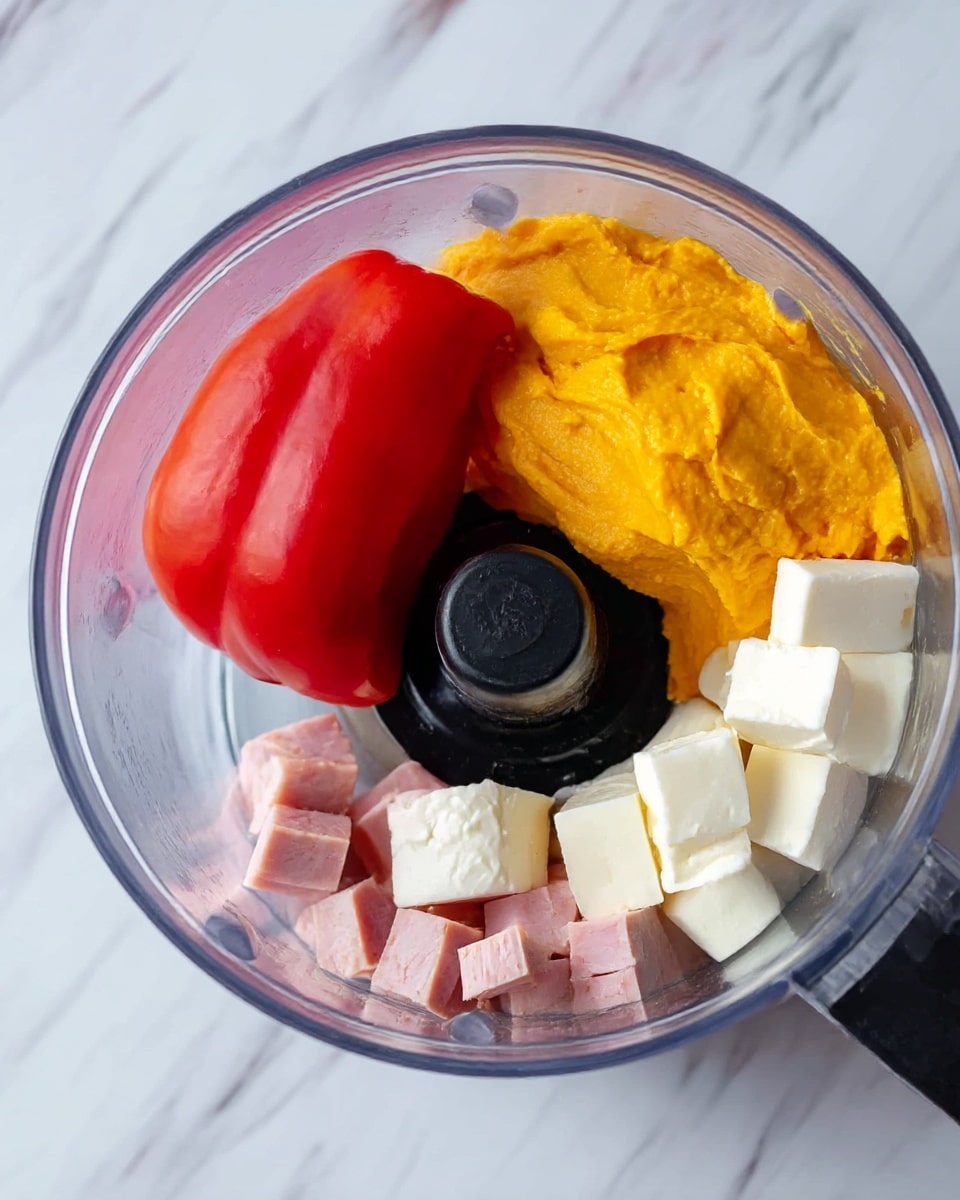 The image shows a clear food processor bowl filled with ingredients ready to blend. Inside, there is a large, smooth, red roasted pepper on the left, a thick, creamy, bright orange layer of mashed sweet potato or squash on the right, small cubes of white cheese stacked near the bottom right, and beneath these are small pink cubes of cooked ham. The ingredients are arranged around the black center blade holder. The background surface is a white marbled texture. photo taken with an iphone --ar 4:5 --v 7