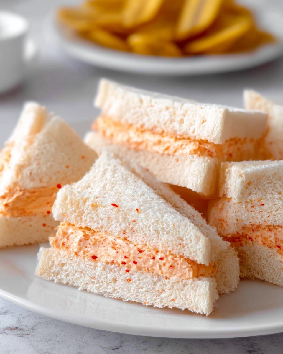 The image shows small triangular sandwiches arranged on a white plate with a white marbled surface in the background. Each sandwich has two layers of soft white bread surrounding a thick middle layer of smooth, light orange spread with tiny red bits. The sandwiches are stacked and closely placed, showing the fluffy texture of the bread and the creamy filling. In the blurred background, there is a white plate with golden brown plantain chips. Photo taken with an iphone --ar 4:5 --v 7