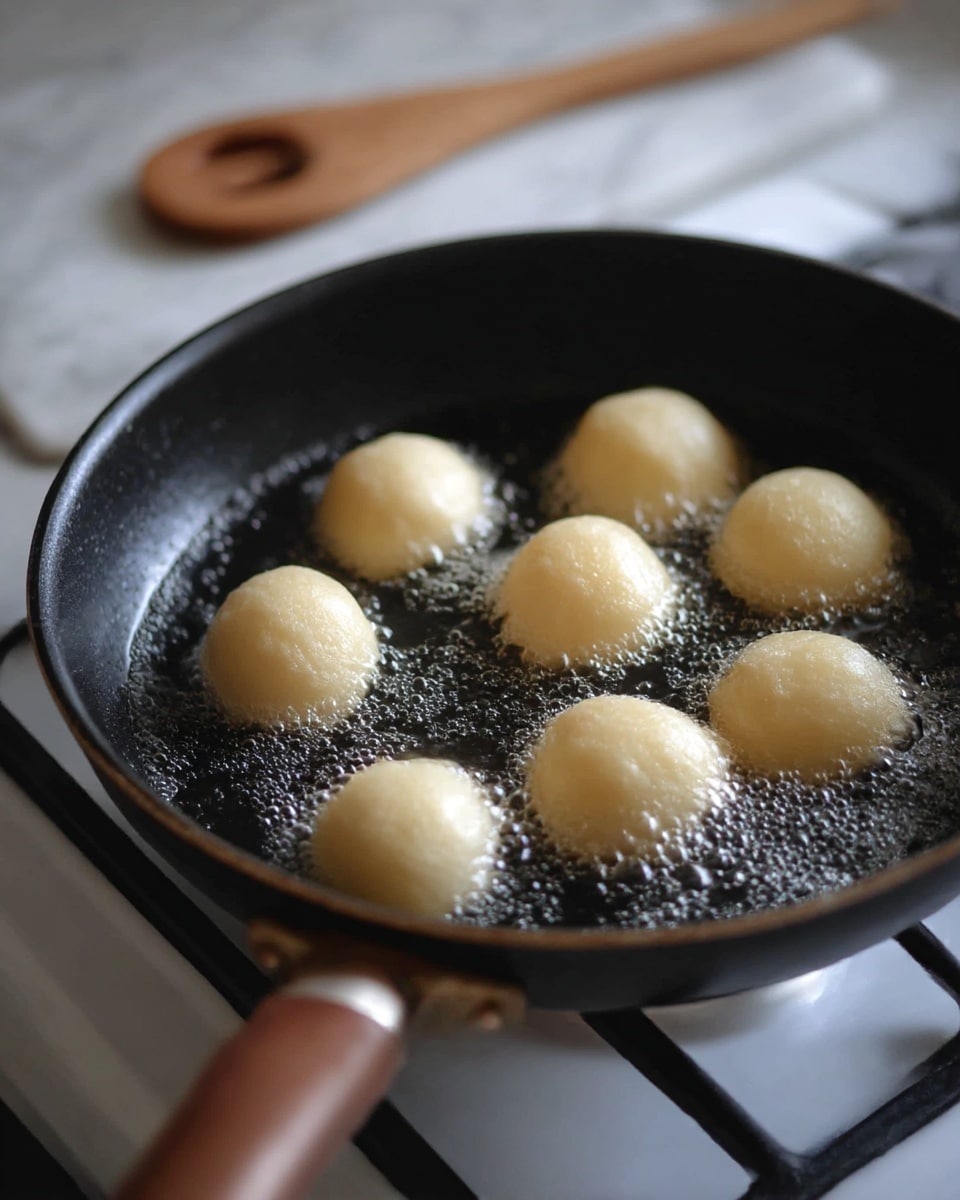 Seven light beige round dough balls are frying in bubbling hot oil inside a black frying pan with a brown handle, placed on a white stove burner. The dough balls appear smooth and slightly shiny from the oil, surrounded by small bubbles. In the blurred background, a wooden utensil with a cut-out hole rests on a white marbled surface. photo taken with an iphone --ar 4:5 --v 7